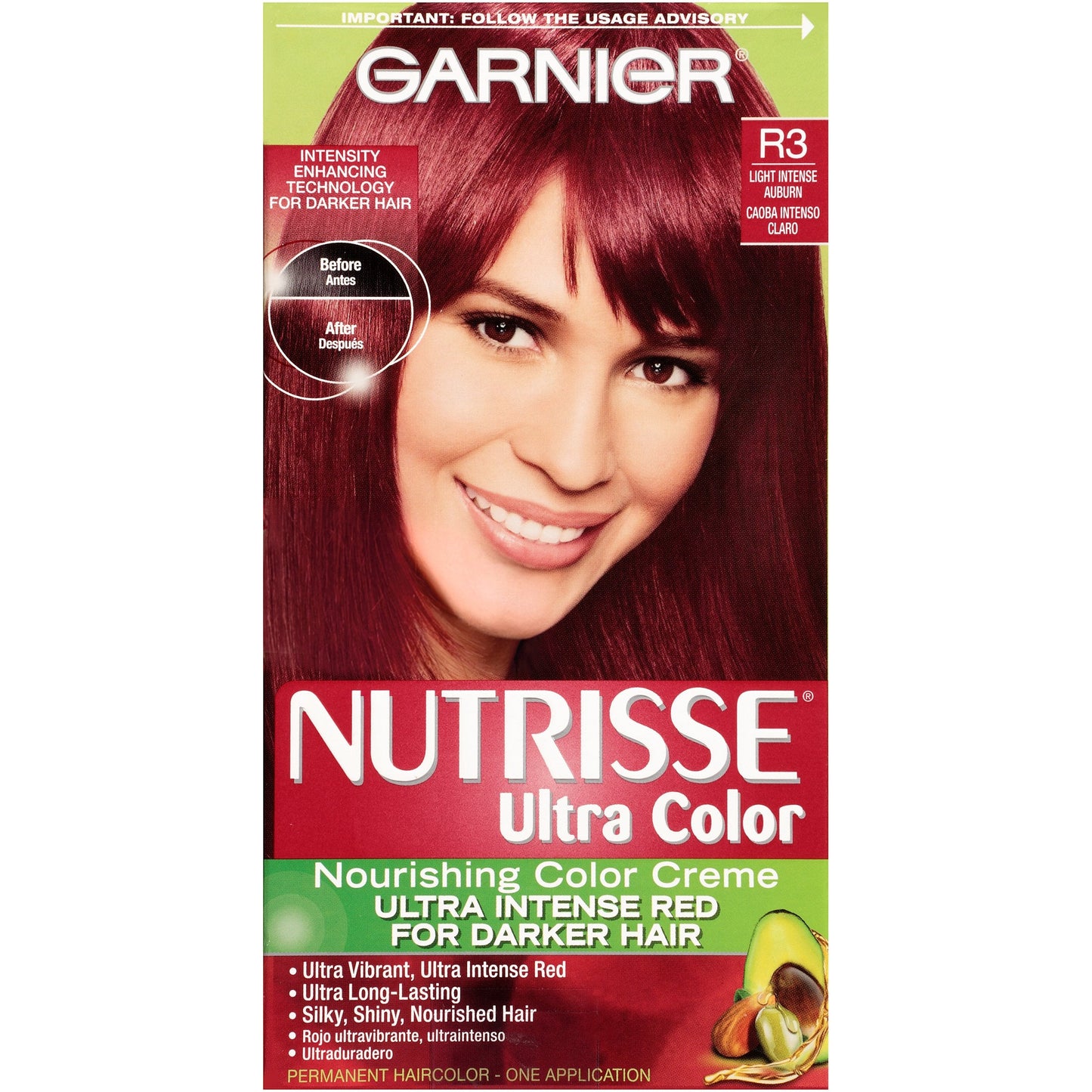 Garnier Nutrisse Ultra Color Nourishing Permanent Hair Color Cream, R3 Light Intense Auburn (1 Kit) Red Hair Dye (Packaging May Vary) Beauty & Personal Care Garnier