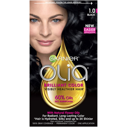 Garnier Olia Ammonia-Free Brilliant Color Oil-Rich Permanent Hair Color, 1.0 Black (Pack of 1) Black Hair Dye (Packaging May Vary) Beauty & Personal Care Garnier