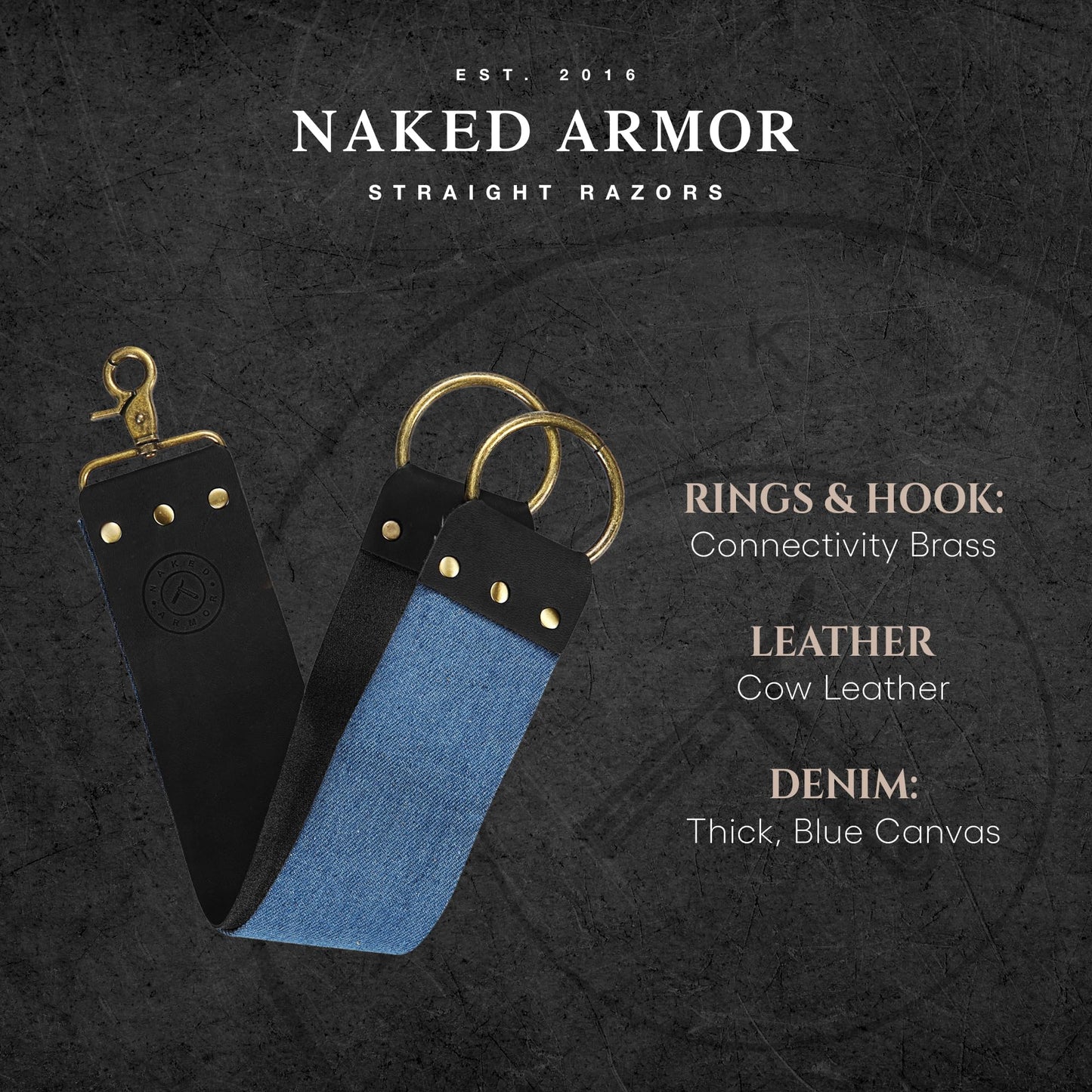 Naked Armor Straight Razor Leather Strop - 2.5" x 15" Cow Leather Razor Blade Sharpener with Brass Hooks, Black Beauty and Personal Care Naked Armor