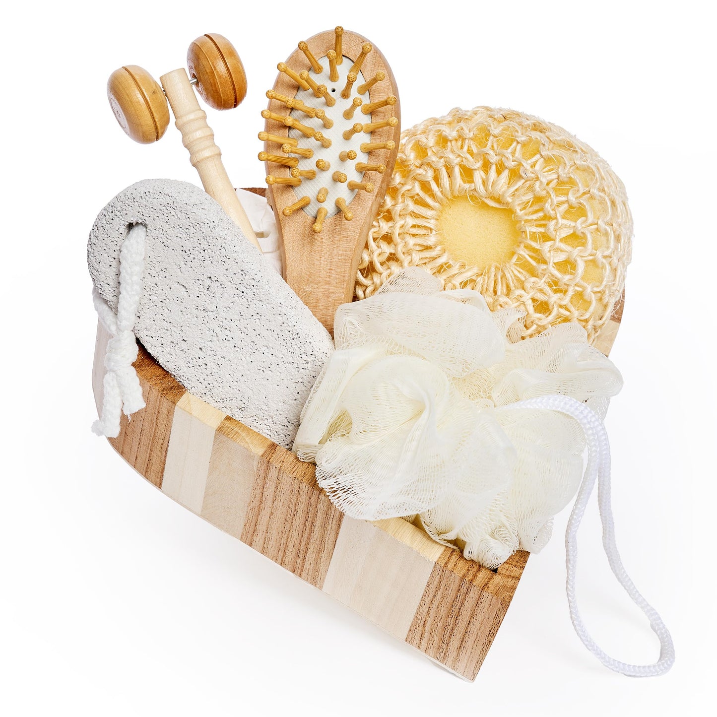 Bella Ciao 6-Piece Body and Skincare Set, Women’s Spa Gift Basket with Face Massage Roller, Hair Brush, Exfoliating Tools and Wooden Tray, Self Care Beauty and Personal Care Bella Ciao