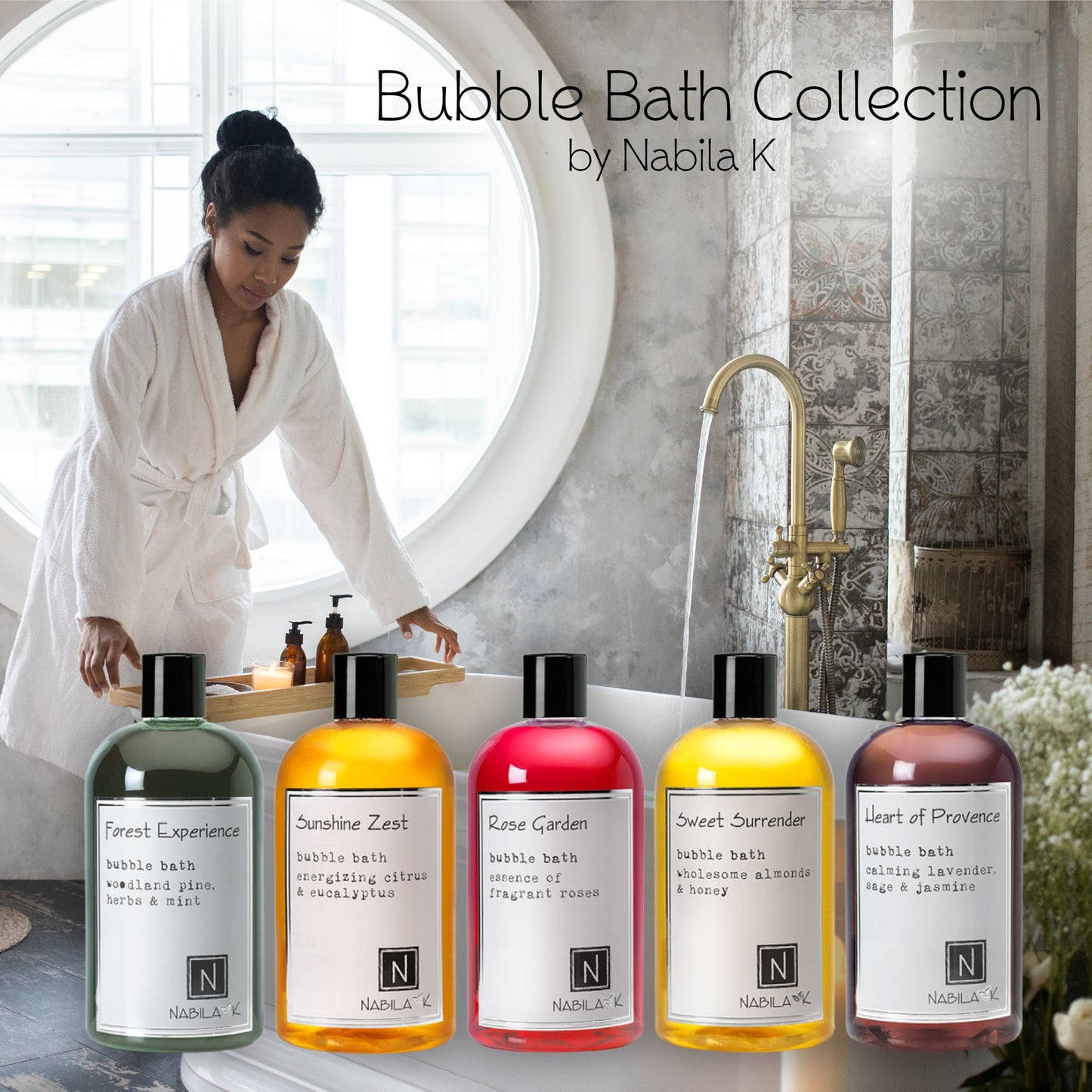 Nabila K Assorted Bubble Bath Collection (Set of 5) - Forest Experience, Rose Garden, Sunshine Zest, Sweet Surrender, Heart of Provence - Natural Beauty and Personal Care Nabila K