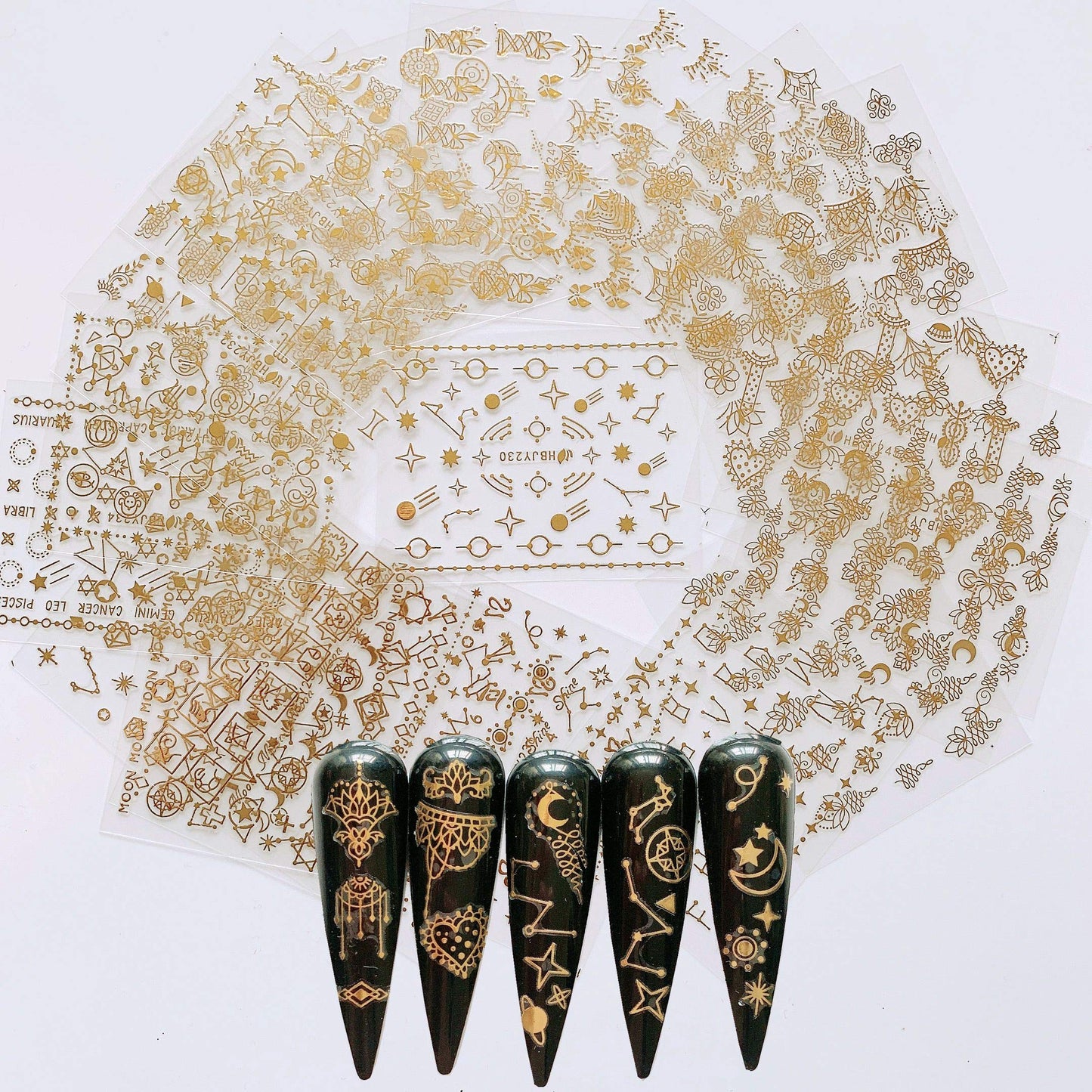 NAIL ANGEL 24 Sheets Nail Art Adhesive Gold Color Sticker Sheets Moon Star Universal Flower Shapes Sticker Sheets Nail Art Deco 10057 Beauty & Personal Care NAIL ANGEL