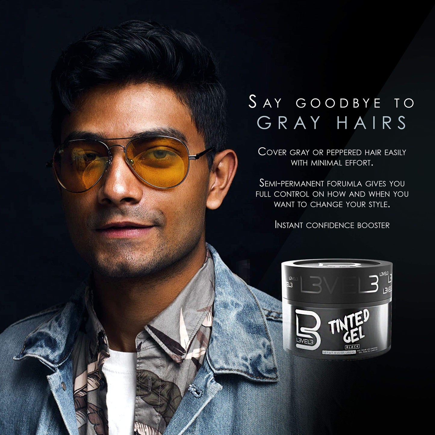 L3 Level 3 Black Tinted Hair Gel - Cover Grays Instantly & Style with Strong Hold - Temporary Color - Adds Volume, Texture & Shine - Flake-Free Beauty & Personal Care L3