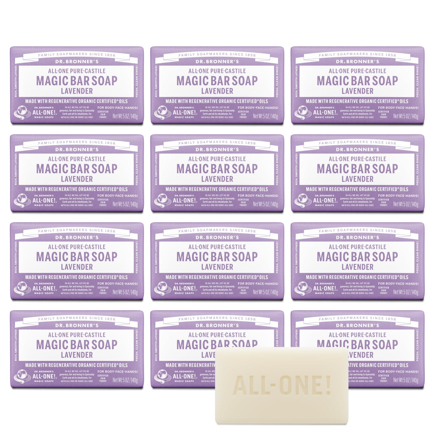 Dr. Bronner's Pure-Castile Magic Bar Soap (Lavender, 5 Ounce, 12-Pack) - Made with Regenerative Organic Certified Oils, For Face, Body & Hair, Gentle Beauty & Personal Care Dr. Bronner's