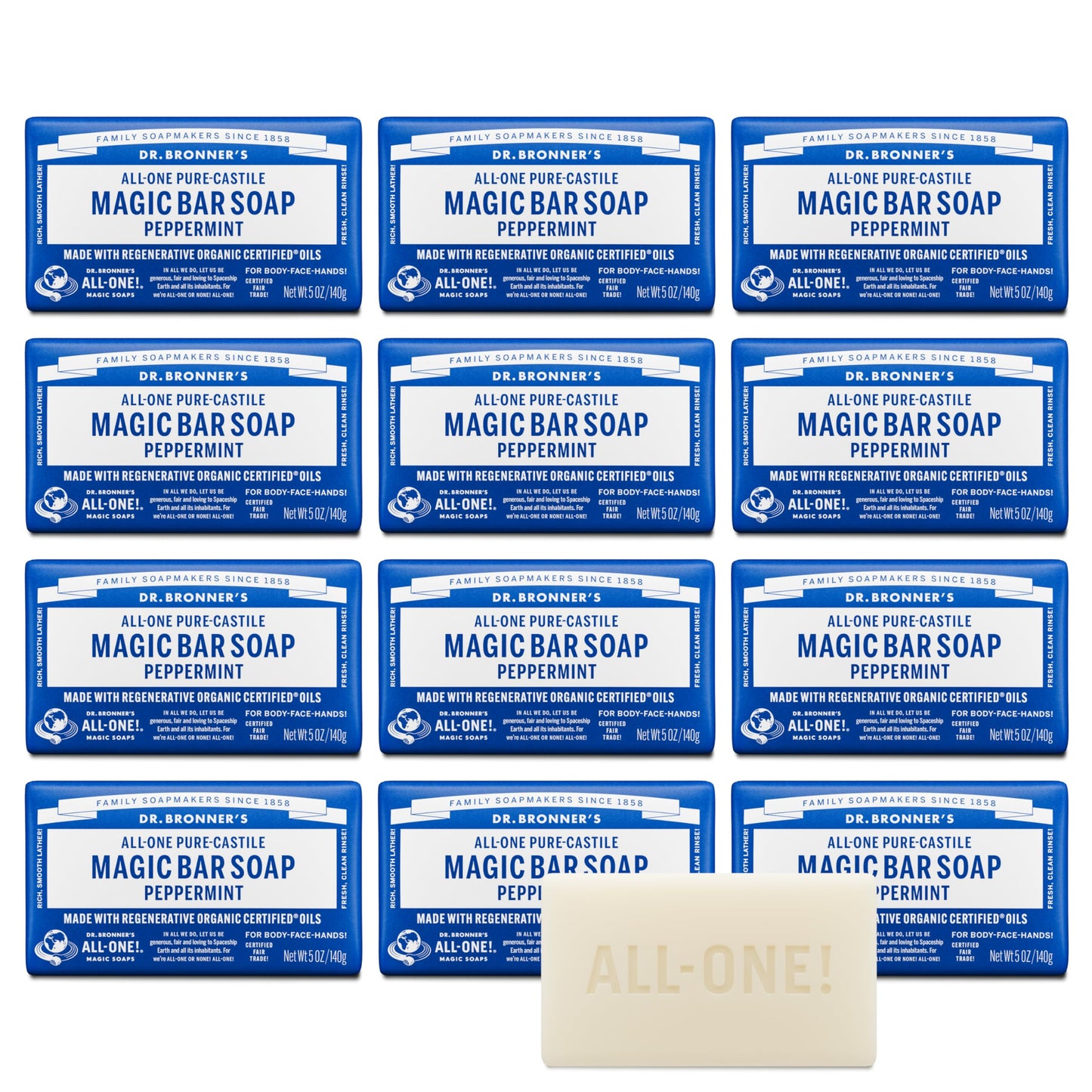 Dr. Bronner's Pure-Castile Magic Bar Soap (Peppermint, 5oz, 12-Pack) - Made with Regenerative Organic Certified Oils, Soap Bars for Men & Women Beauty & Personal Care Dr. Bronner's