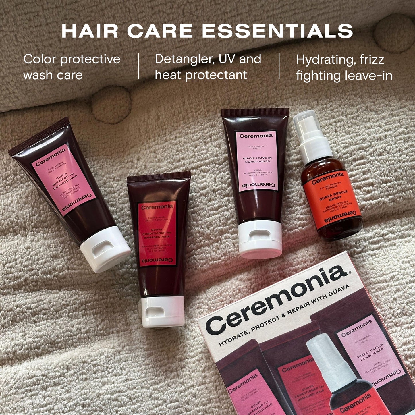 Ceremonia Guava Travel On-the-Go Kit | 4 Piece Hair Care Set to Repair Split Ends & Reduce Frizz | Includes Shampoo, Conditioner, Leave-In Beauty & Personal Care Ceremonia