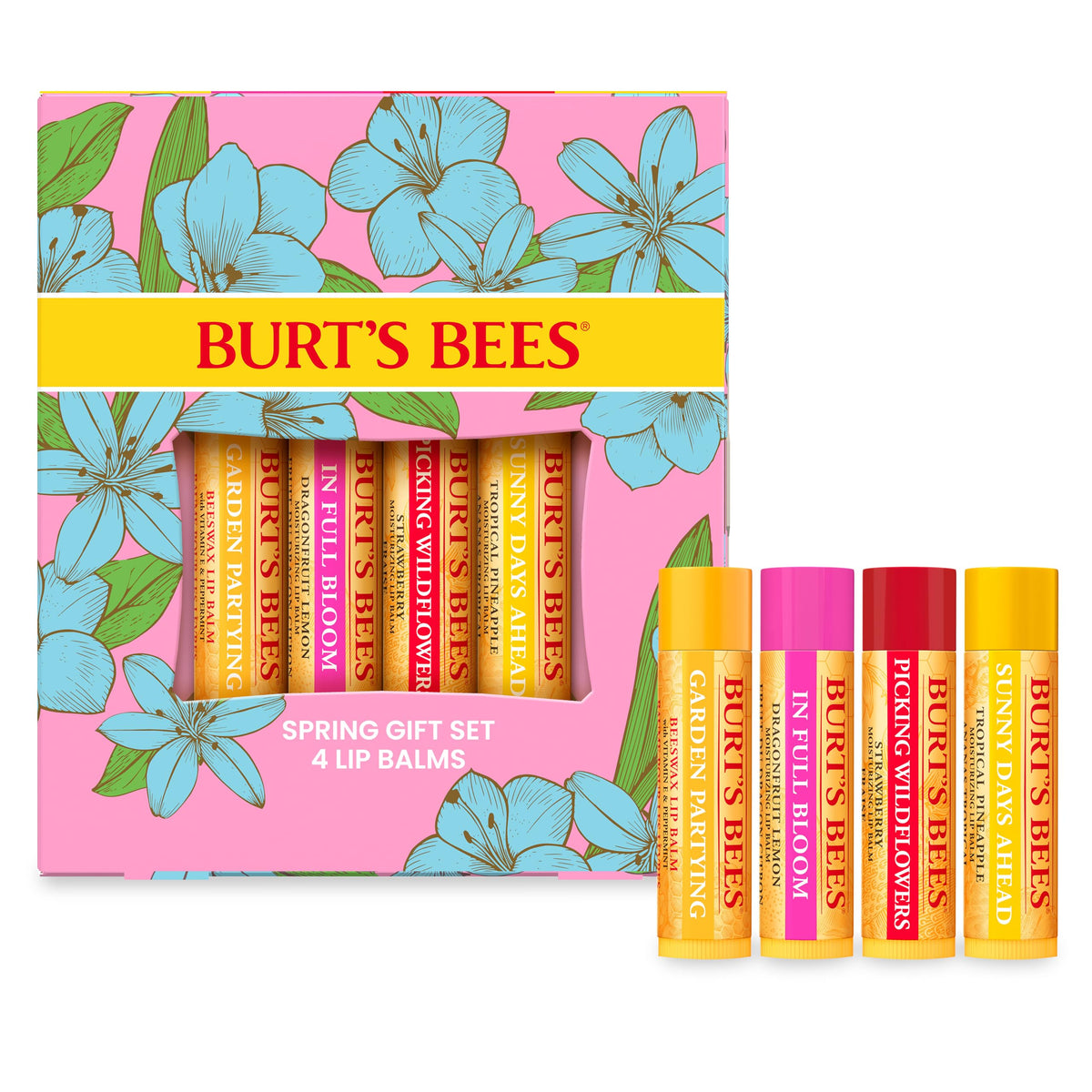 Burt's Bees Gifts Ideas - In Full Bloom Lip Balm Set, Original Beeswax, Dragonfruit Lemon, Tropical Pineapple & Strawberry, Natural Origin Lip Beauty & Personal Care Burt's Bees