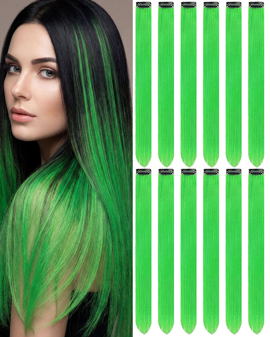 Olldag 12 PCS Green Hair Extensions Clip in, 22 Inch Colored Hair Accessories Party Highlights Long Straight Synthetic Hairpieces for Women Beauty and Personal Care Olldag Default Title