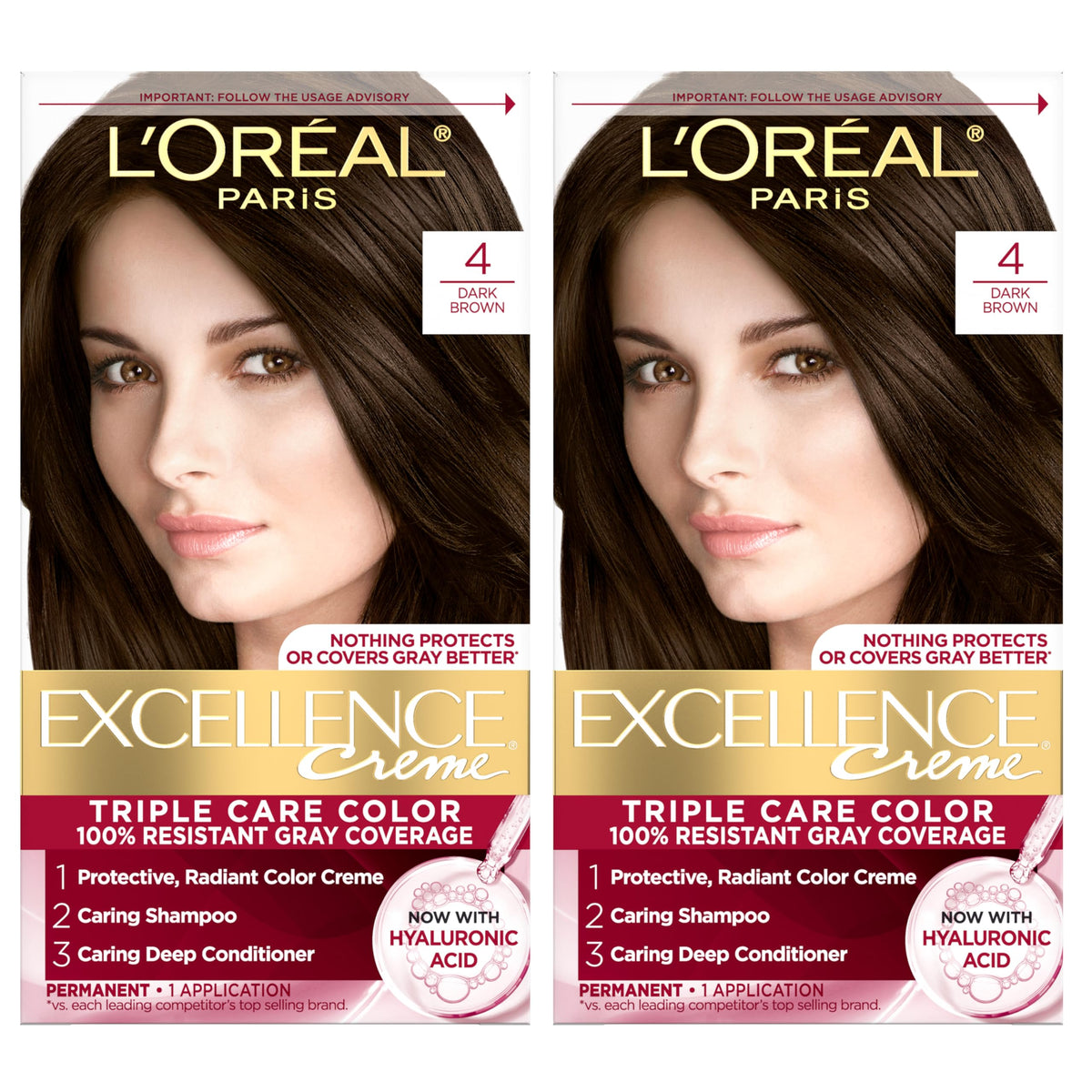 L'Oreal Paris Excellence Crème Permanent Hair Dye, Triple Care Hair Color with Hyaluronic Acid for 100% Gray Coverage, 4 Dark Brown, 1 Kit (Pack of 2) Beauty & Personal Care L'Oreal Paris