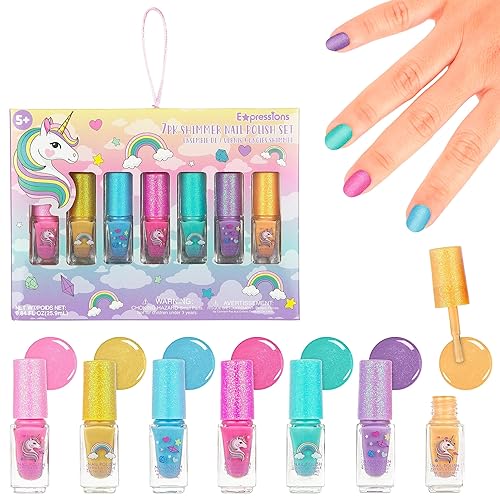 7pc Unicorn Shimmer Nail Polish Set for Girls - Glitter Cap, Non-Toxic Quick Dry Manicure & Pedicure Kit, Vibrant Assorted Shades Beauty & Personal Care EXPRESSIONS
