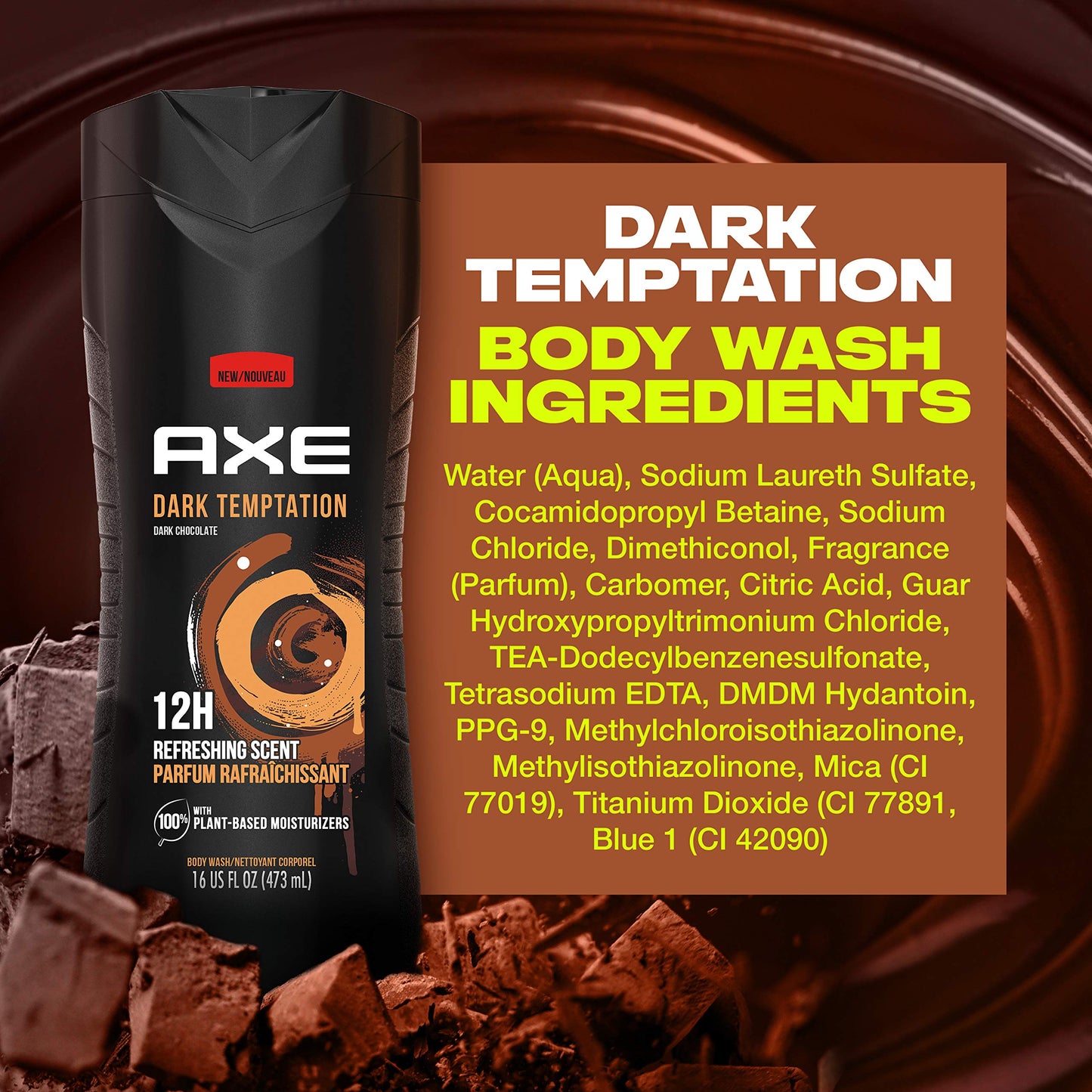 AXE Body Wash 12h Refreshing Scent Dark Temptation Dark Chocolate Men's Body Wash with 100 percent Plant-Based Moisturizers 16 oz Beauty & Personal Care AXE