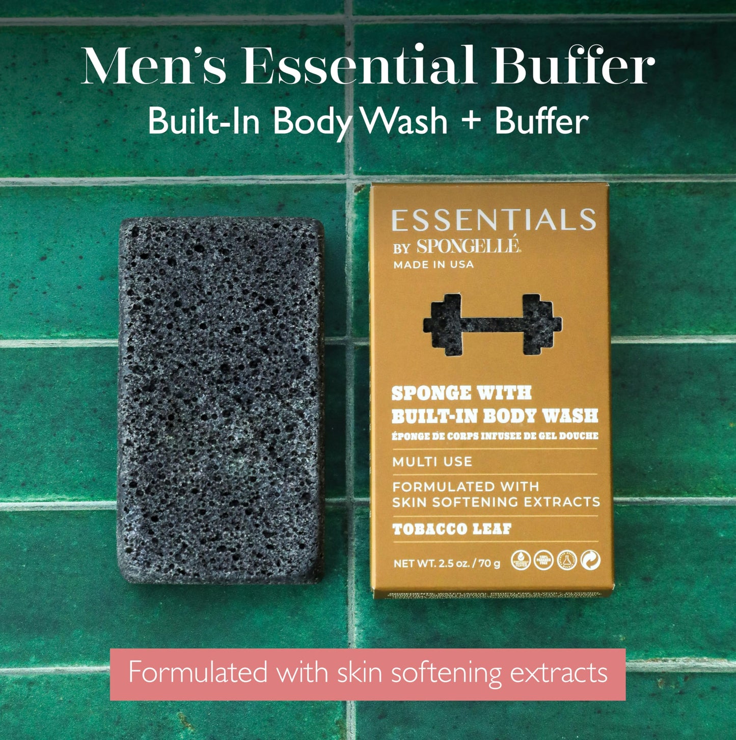 Spongelle Men's Essentials Tobacco Leaf Body Buffer - Bath & Shower Loofah for Men - Cleanse, Exfoliate, and Nourish in one Easy Step - Cruelty-Free Beauty and Personal Care SPONGELLÉ