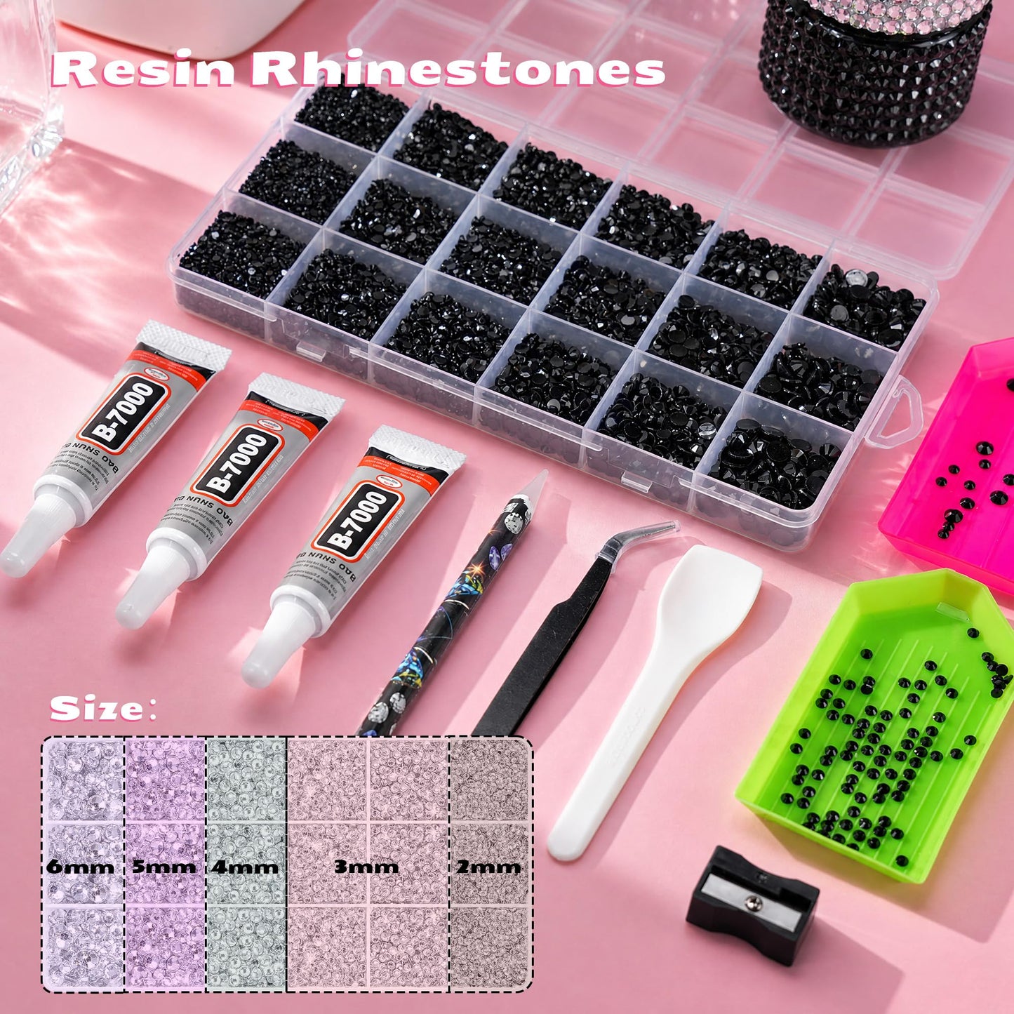 32000 Pcs Resin Jelly Rhinestones Kit, Black 2/3/4/5/6mm Flatback Rhinestones with 3 Pcs B7000 Jewelry Glue & Tools, All-in-One Bedazzling Kit for DIY Beauty and Personal Care LOTWOW