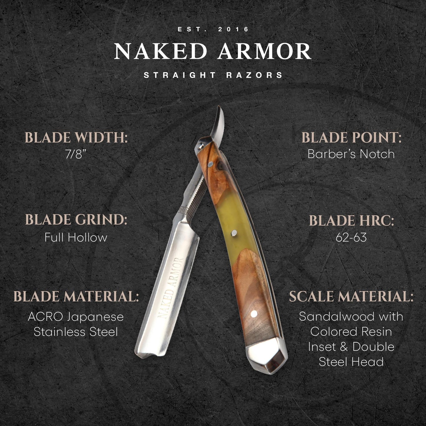 Naked Armor Professional Straight Razor for Men - Shave Ready 7/8" Japanese Stainless Steel Barber Razor - Griflet Straight Edge Razor with Sandalwood Beauty and Personal Care Naked Armor