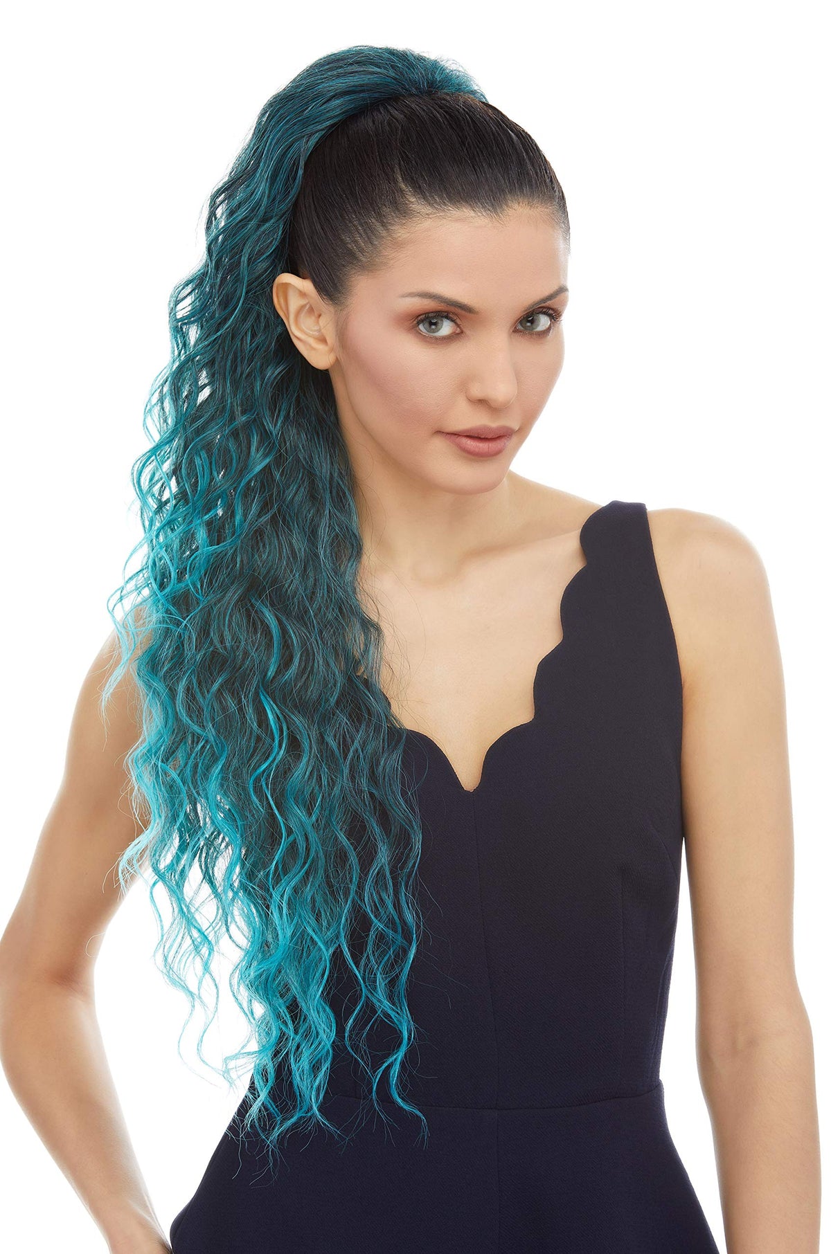 Glow Ponytail Color 1B Off Black - Sepia Wigs 27" Long Layered Wavy Heat Friendly Synthetic African American Pony Drawstring Hair Piece Ariana Cola de