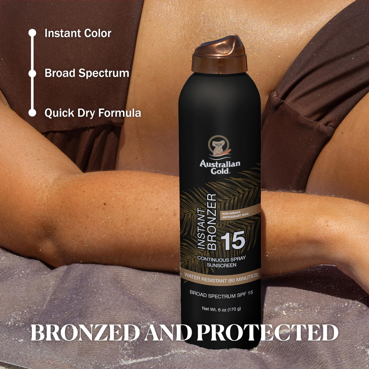 Australian Gold Continuous Spray Sunscreen SPF 15 | Instant Bronzer, 6 Fl