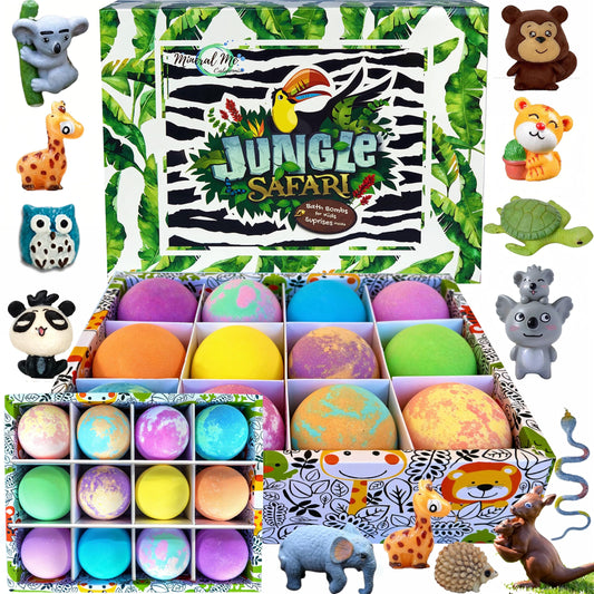 Bath Bombs for Kids with Surprise Inside, 12 Bubble Bath Fizzies with Jungle Animal Toys. Moisturizing, Gentle & Kids Safe, Rainbow Spa Bath Fizz Beauty and Personal Care Mineral Me California