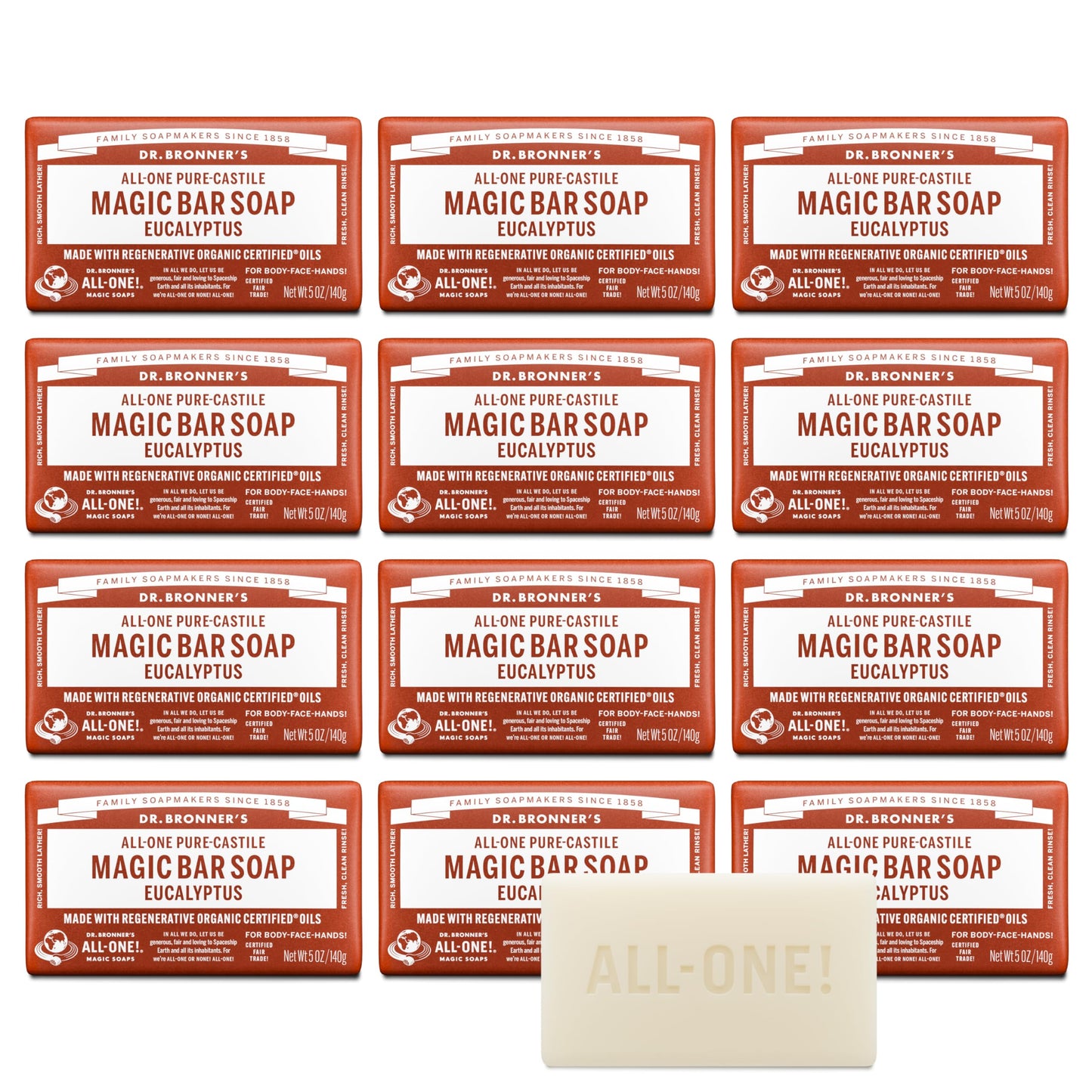 Dr. Bronner's Pure-Castile Magic Bar Soaps (Eucalyptus, 5oz, 12-Pack) - Made with RegeOrganic Oils, Soap Bars for Men & Women, Gentle for Face Beauty & Personal Care Dr. Bronner's