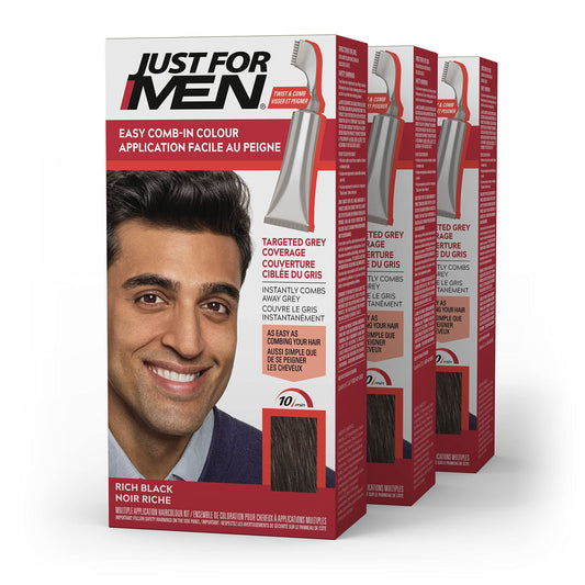 Just For Men Easy Comb-In Color Mens Hair Dye, Easy No Mix Application with Comb Applicator - Rich Black, A-65, Pack of 3 Beauty & Personal Care Just for Men