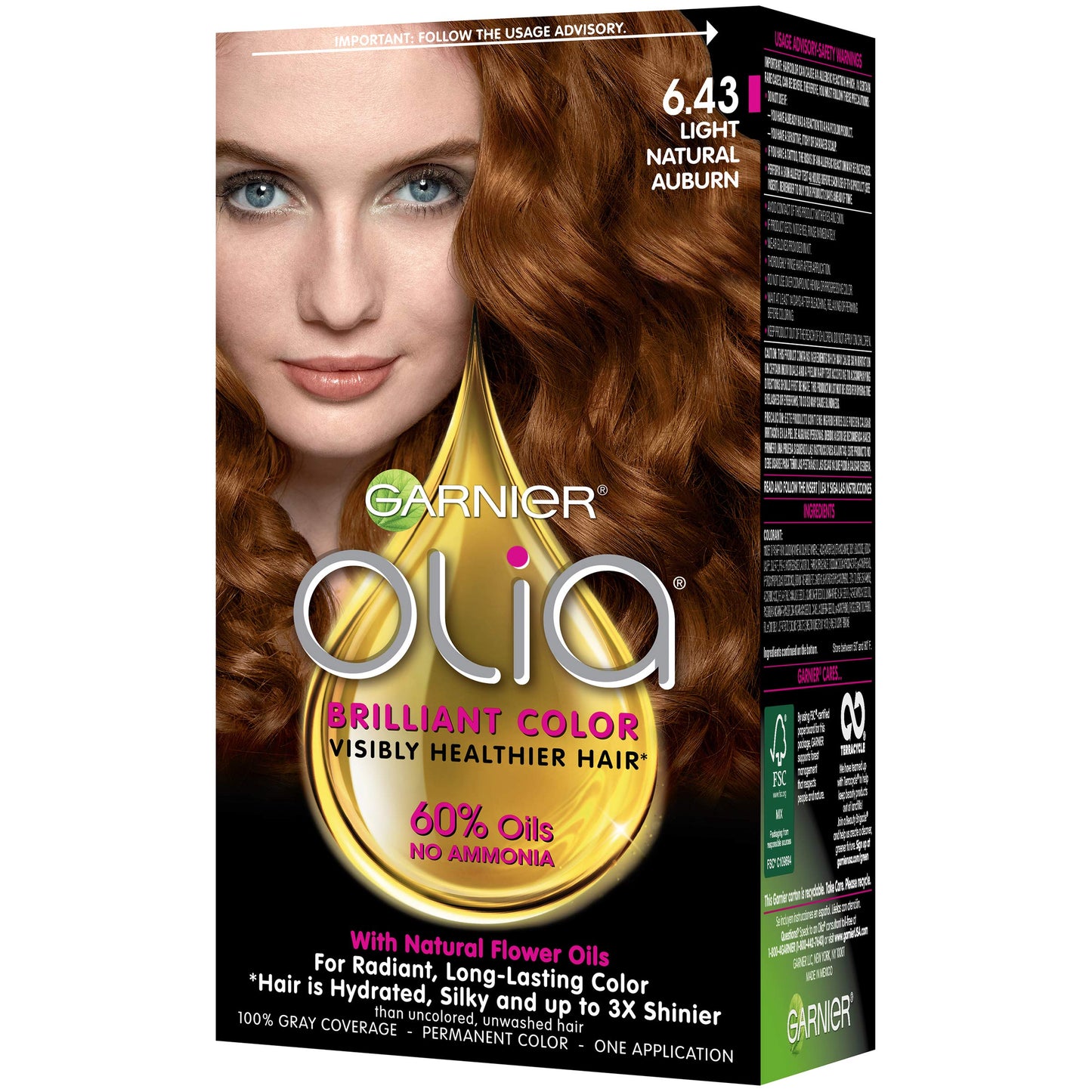 Garnier Olia Ammonia Free Permanent Hair Color, 100% Gray Coverage (Packaging May Vary), 6.43 Light Natural Auburn, Red Hair Dye, Pack of 1 Beauty & Personal Care Garnier