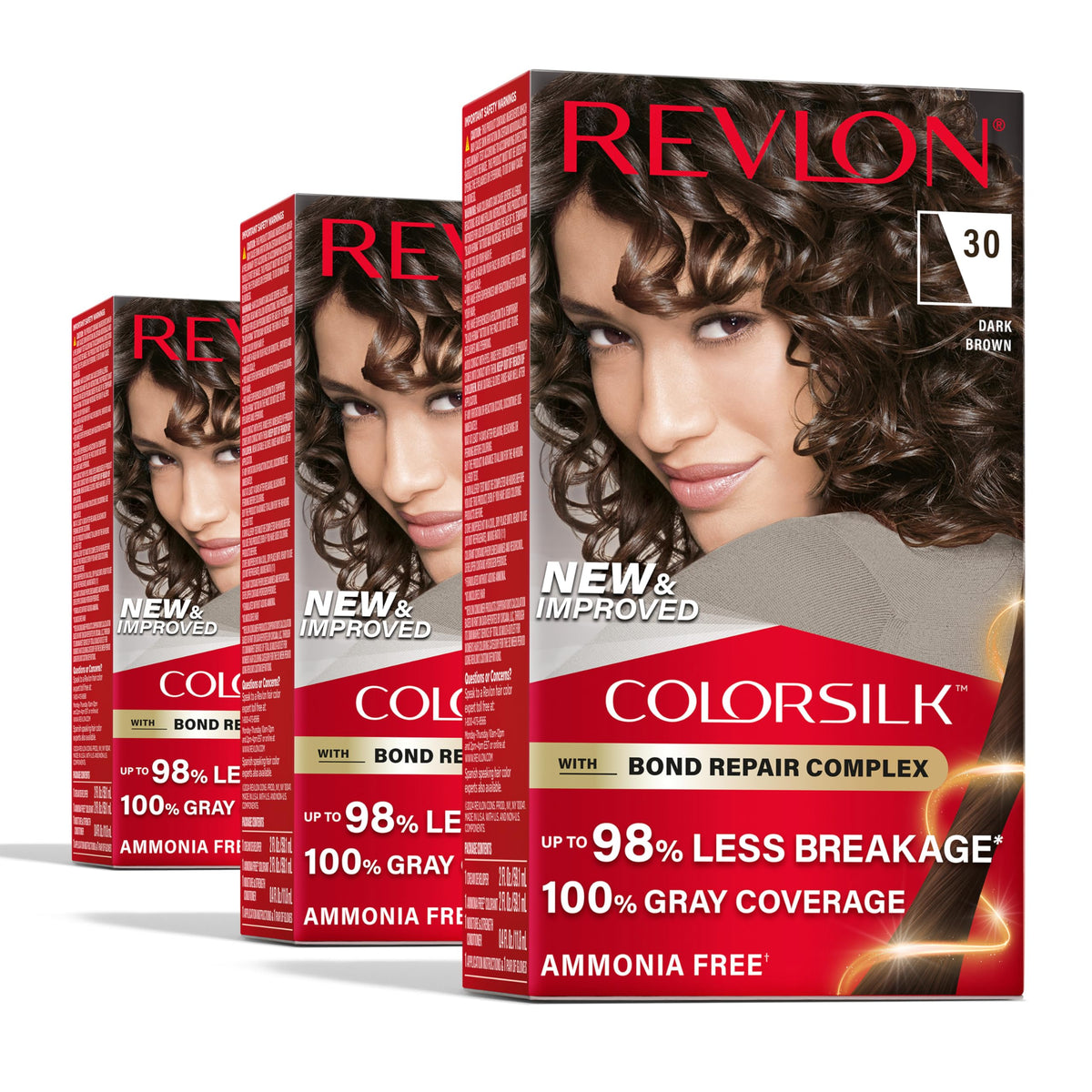 Revlon ColorSilk with Bond Repair Complex, Brown Permanent Hair Color, 100% Gray Coverage, Ammonia Free Hair Dye, Vegan Keratin, 30 Dark Brown (Pack Beauty & Personal Care REVLON
