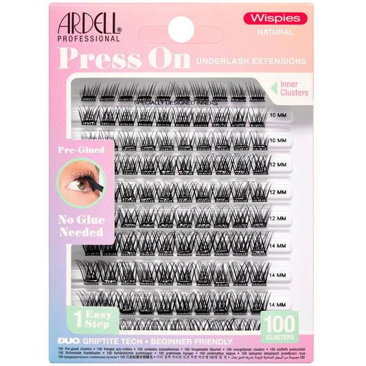 Ardell Press On Lashes Wispies Natural - Pre Glued Underlash Extension Wispy Lash Clusters No Glue Needed DIY Cluster Eyelash Extensions, Black, 100