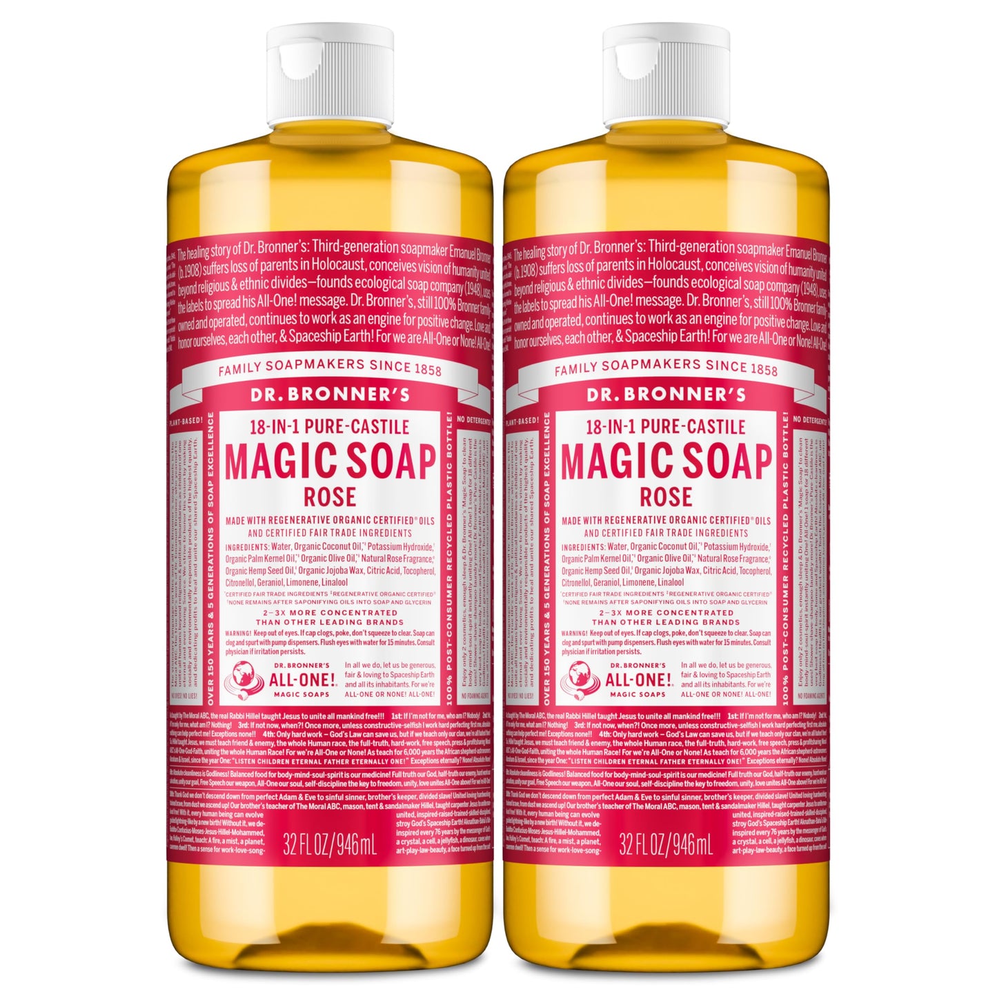 Dr. Bronner's Pure-Castile Magic Liquid Soap (Rose, 32 Ounce, 2-Pack)- Made with Regenerative Organic Certified Oils, 18-in1 Uses: Face, Hair, Hand Beauty & Personal Care Dr. Bronner's