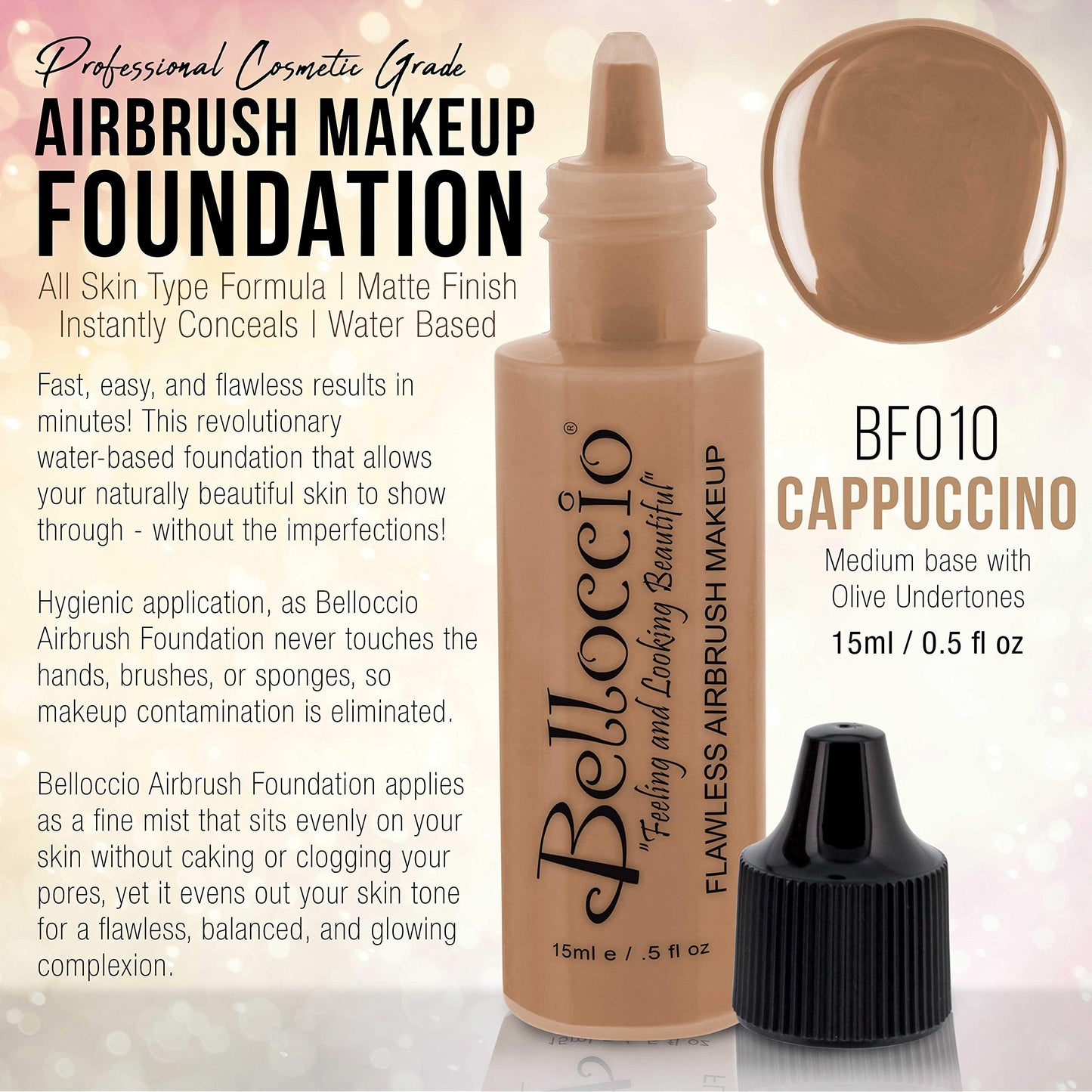 Belloccio's Professional Cosmetic Airbrush Makeup Foundation 1/2oz Bottle: Cappuccino- Medium with Olive Undertones Beauty & Personal Care Belloccio