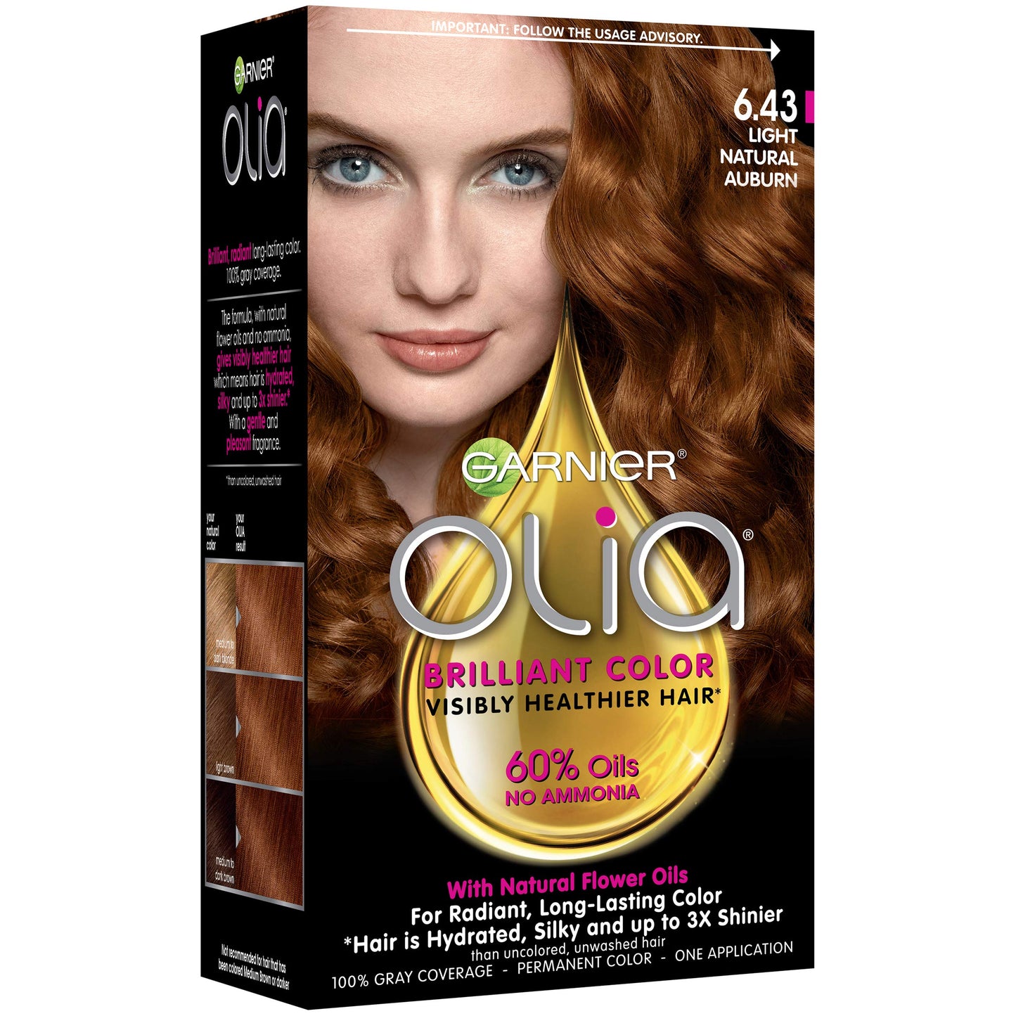 Garnier Olia Ammonia Free Permanent Hair Color, 100% Gray Coverage (Packaging May Vary), 6.43 Light Natural Auburn, Red Hair Dye, Pack of 1 Beauty & Personal Care Garnier