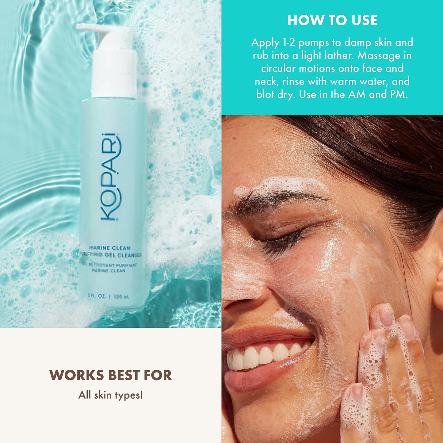 Kopari Marine Clean Purifying Gel Cleanser, Infused with Amino Acids & Vitamin B5, Dual-Action Gel-to-Foam Cleanser, Gentle and Nourishing, 5 oz | New Beauty & Personal Care Kopari