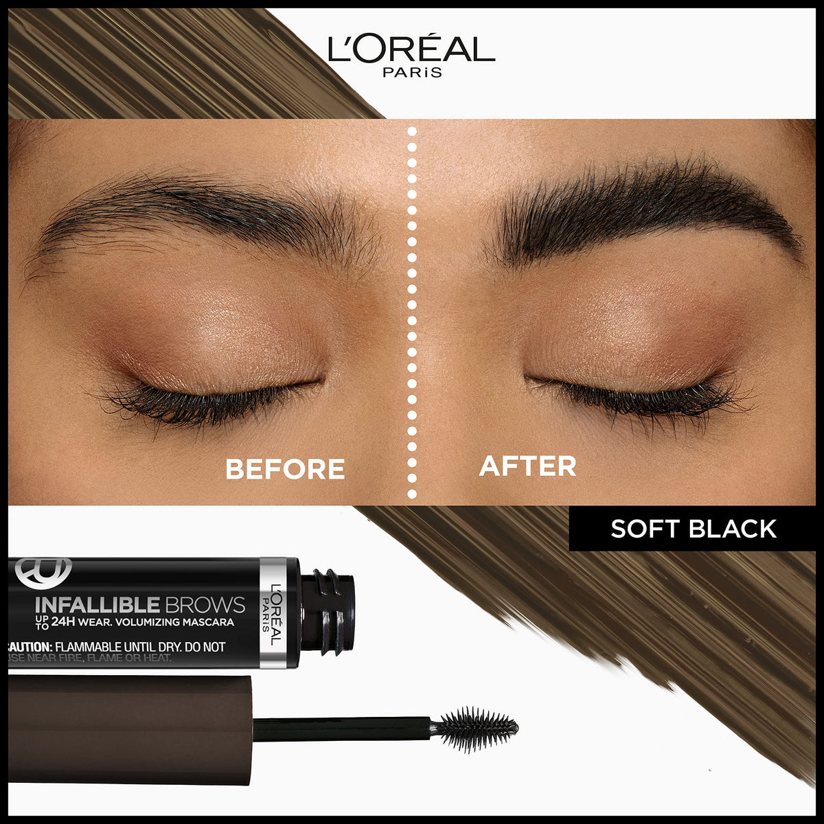 L'Oreal Paris Infallible Volumizing 24H Wear Brow Mascara, Long Lasting Eyebrow Makeup for 2X Fuller Eyebrows, 3.0 Soft Black, 0.13 Fl Oz Beauty & Personal Care L'ORÉAL