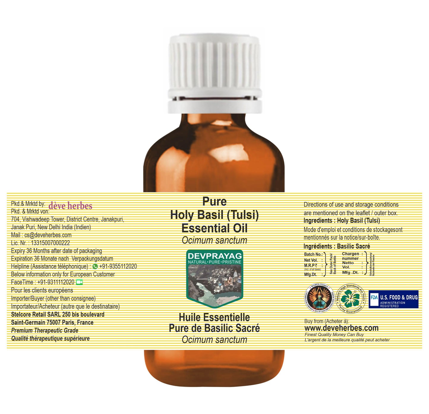 Devprayag Holy Basil (Tulsi) Essential Oil (Ocimum Sanctum) Pure - Non-Sticky - Non-Greasy - Lightweight - Men & Women - All Skin Types - Steam Beauty and Personal Care DEVPRAYAG