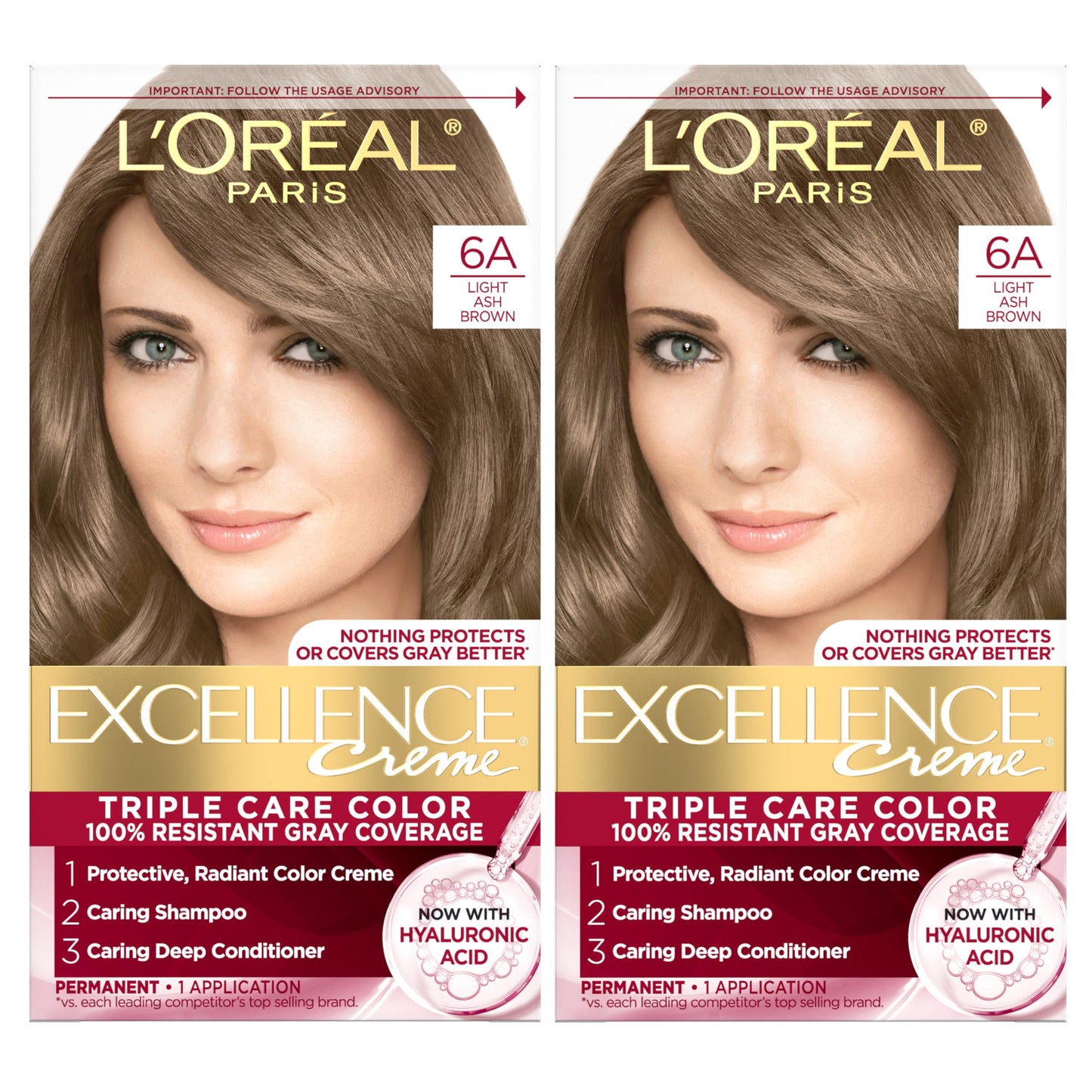 L'Oreal Paris Excellence Crème Permanent Hair Dye, Triple Care Hair Color with Hyaluronic Acid for 100% Gray Coverage, 6A Light Ash Brown, 1 Kit (Pack Beauty & Personal Care L'Oreal Paris