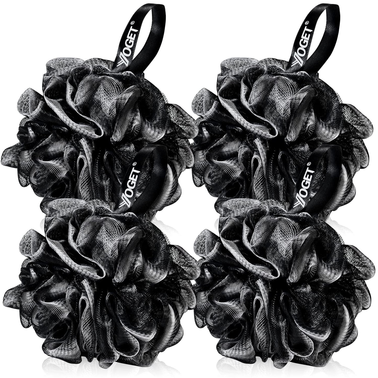 Yoget Bath Loofah Sponge, 4 Pack Black 60G Shower Mesh Ball Soft Pouf Body Scrubber, Exfoliate, Cleanse, Soothe Skin, Black Loofah with White Trim Beauty & Personal Care YOGET