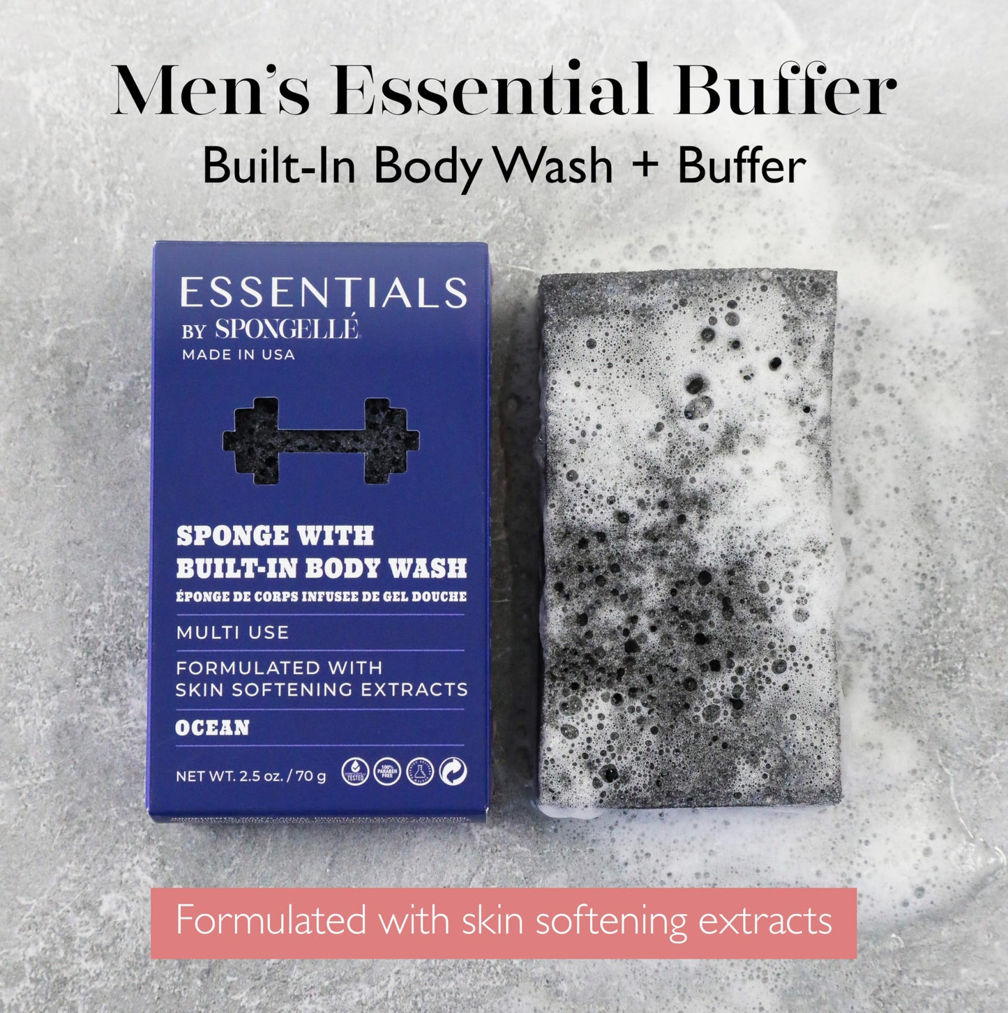 Spongelle Men's Essentials Ocean Body Buffer - Bath & Shower Loofah for Men - Cleanse, Exfoliate, and Nourish in one Easy Step - Cruelty-Free, Vegan Beauty and Personal Care SPONGELLÉ