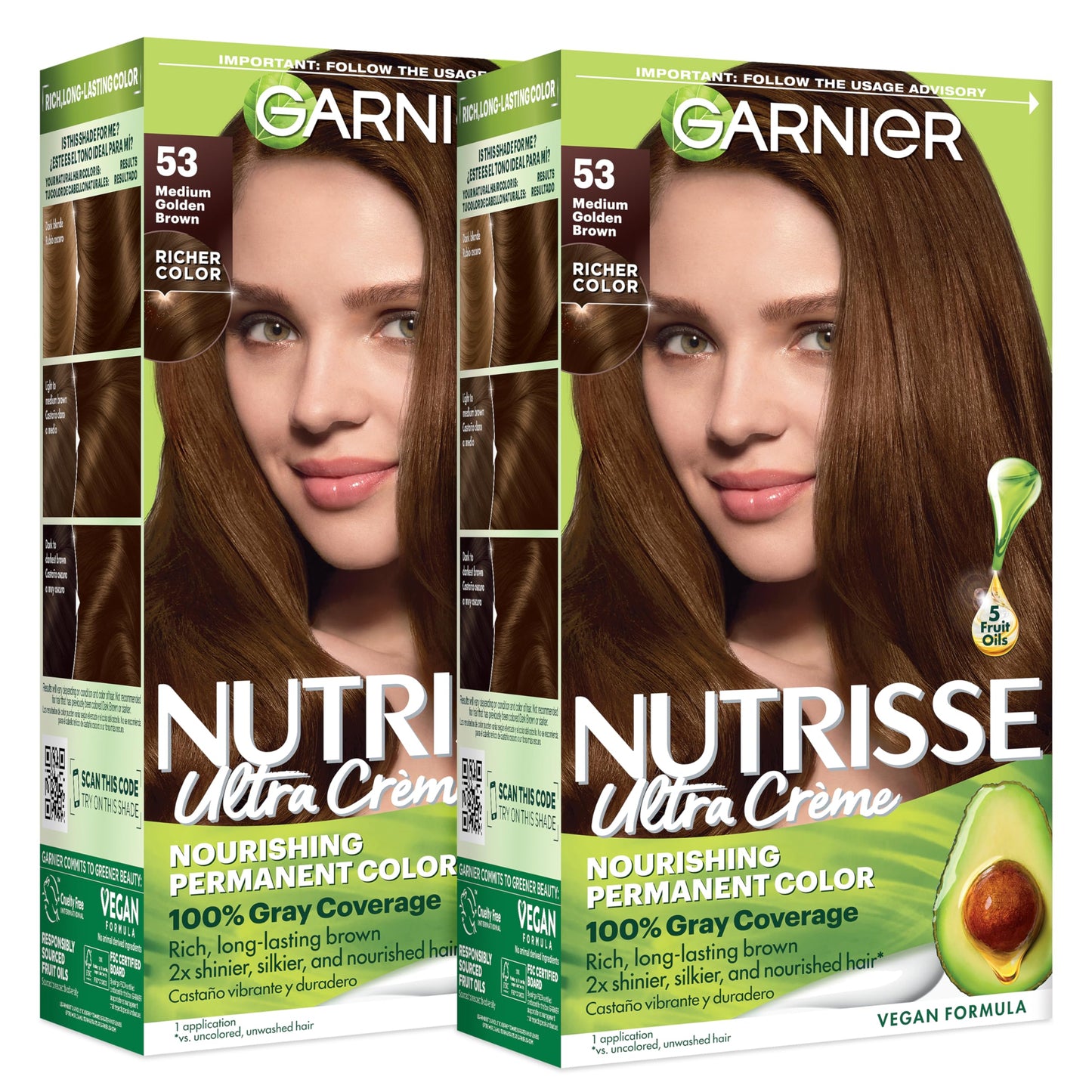Garnier Nutrisse Ultra Crème Hair Color, Permanent Hair Dye with 100% Gray Coverage, Vegan & Cruelty-Free, 53 Medium Golden Brown (Chestnut), 2 Count Beauty & Personal Care Garnier
