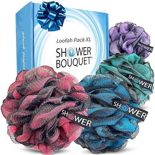 SHOWER BOUQUET Loofah-Charcoal Bath-Sponge XL-Color-4-Pack // Extra Large 75g Soft Mesh Black Luffa Loofa Loufa Puff Set/Exfoliating Body Scrubber Beauty & Personal Care Shower Bouquet