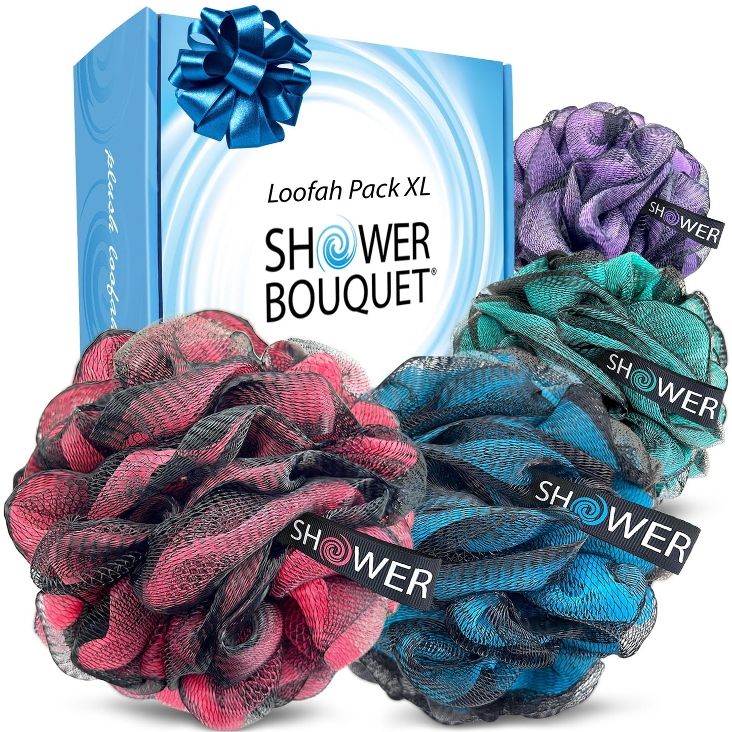 SHOWER BOUQUET Loofah-Charcoal Bath-Sponge XL-Color-4-Pack // Extra Large 75g Soft Mesh Black Luffa Loofa Loufa Puff Set/Exfoliating Body Scrubber Beauty & Personal Care Shower Bouquet
