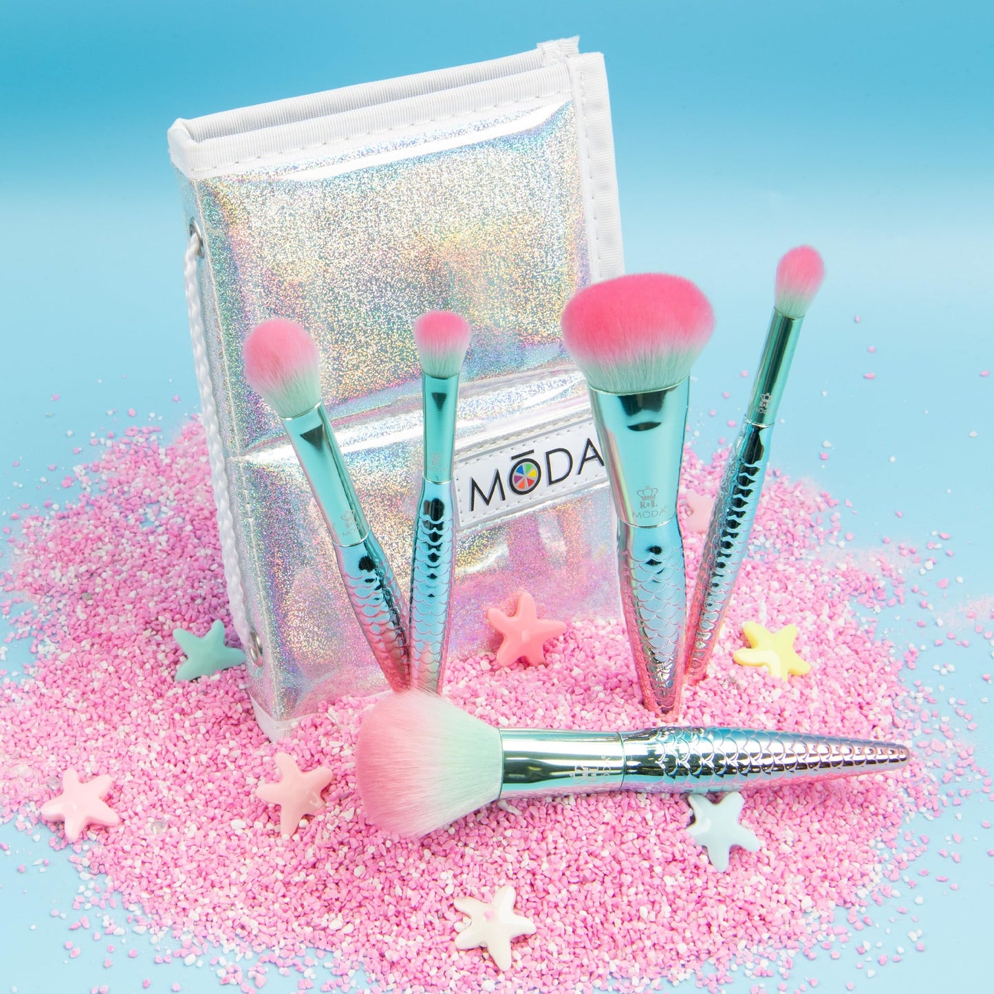 MODA Mythical Splash 6pc Travel-Size Makeup Brush Kit - Vegan Brushes with Holographic Case for Face & Eyes Beauty & Personal Care Royal & Langnickel