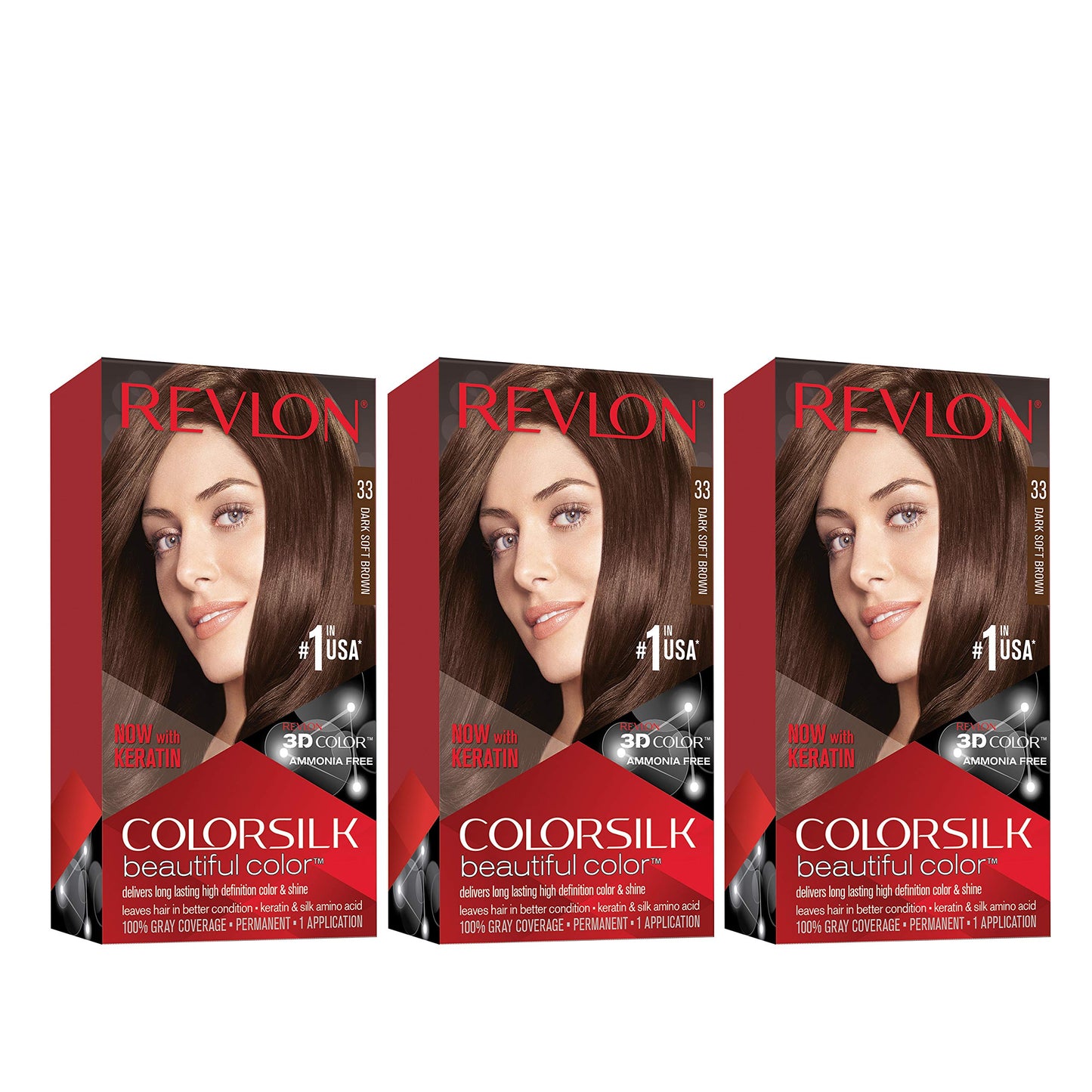 Revlon Permanent Hair Color, Permanent Hair Dye, Colorsilk with 100% Gray Coverage, Ammonia-Free, Keratin and Amino Acids, 33 Dark Soft Brown, 4.4 Oz Beauty & Personal Care REVLON