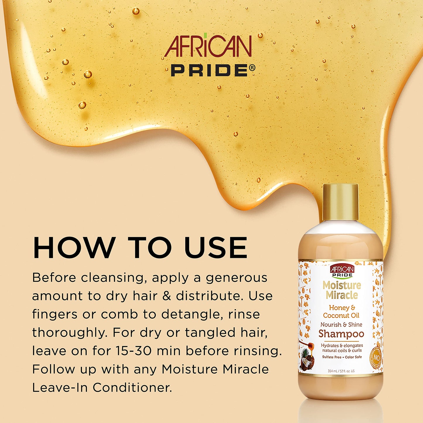 African Pride Moisture Miracle Honey & Coconut Oil Shampoo - For Natural Coils & Curls, Nourishes & Shines, Sulfate Free, Color Safe, 12 oz. Beauty & Personal Care African Pride