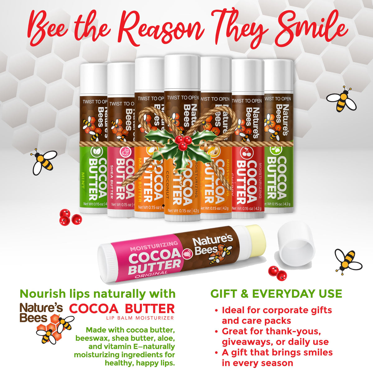 Nature's Bees, Cocoa Butter Lip Balms, Lip Moisturizer Treatment - Pack of 72, (Original Variety Assortments - Original, Olive Oil, Mango Butter, Shea Beauty & Personal Care Nature’s Bees