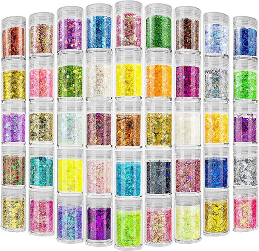 45 Holographic Chunky Sequins & Fine Powder Glitter Mix, Iridescent Glitter Flakes for Face, Body, Eye, Nail Art & Resin Epoxy Beauty & Personal Care Estanoite