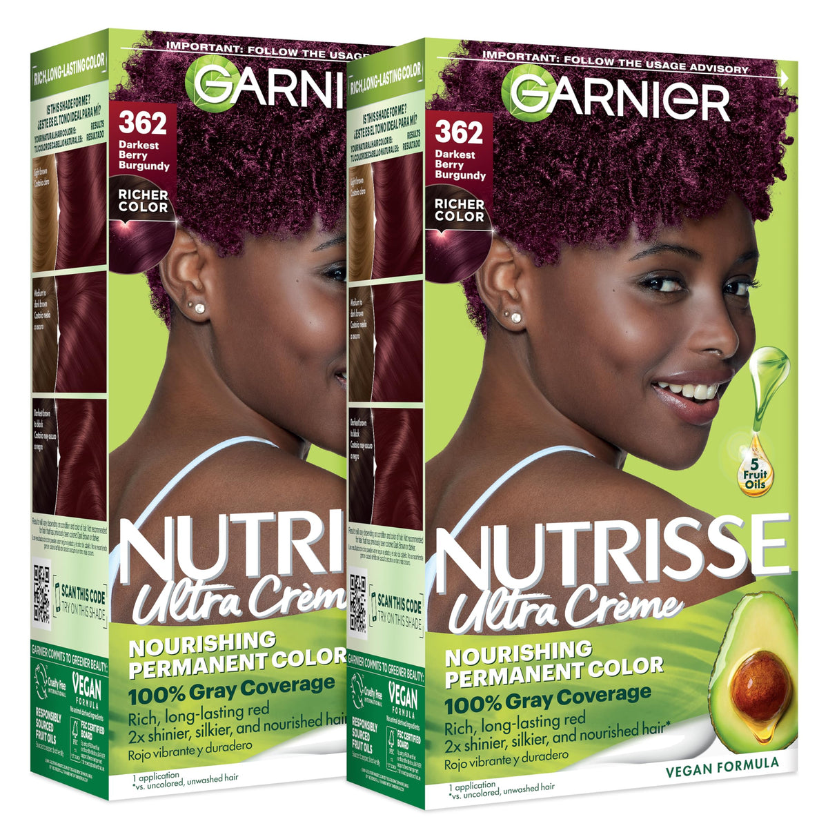 Garnier Nutrisse Ultra Crème Hair Color, Permanent Hair Dye with 100% Gray Coverage, Vegan & Cruelty-Free, 362 Darkest Berry Burgundy (Raspberry Jam)