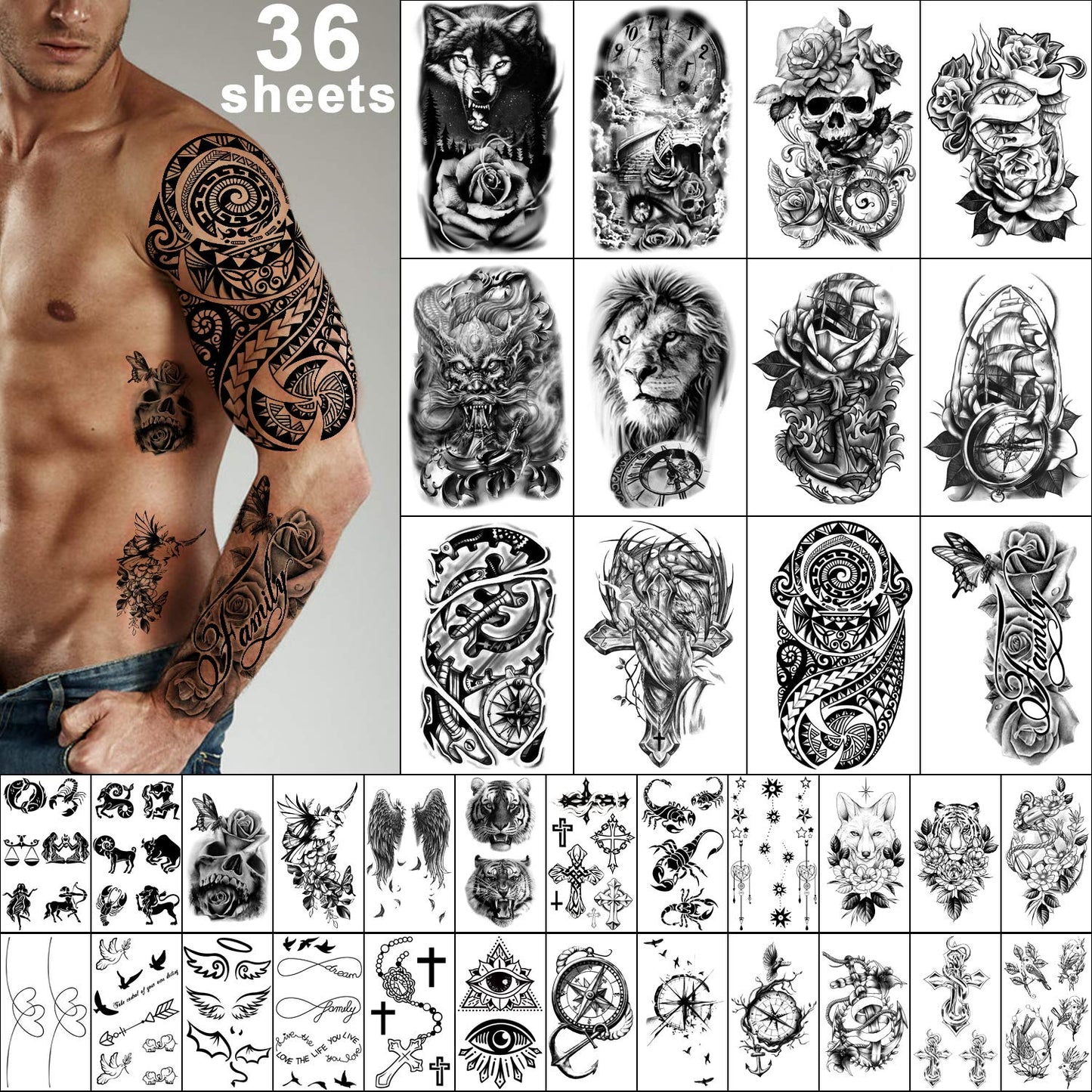 Yazhiji 36 Sheets Temporary Tattoos Stickers, 12 Sheets Fake Body Arm Chest Shoulder Tattoos for Men or Women with 24 PCS Tiny Black Tattoos Beauty and Personal Care Yazhiji