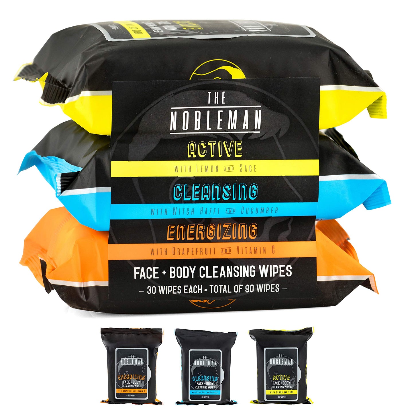 Men's Active/Cleansing/Energizing Face + Body Cleansing Wipes - 3 Pack (90ct) Beauty & Personal Care The Nobleman