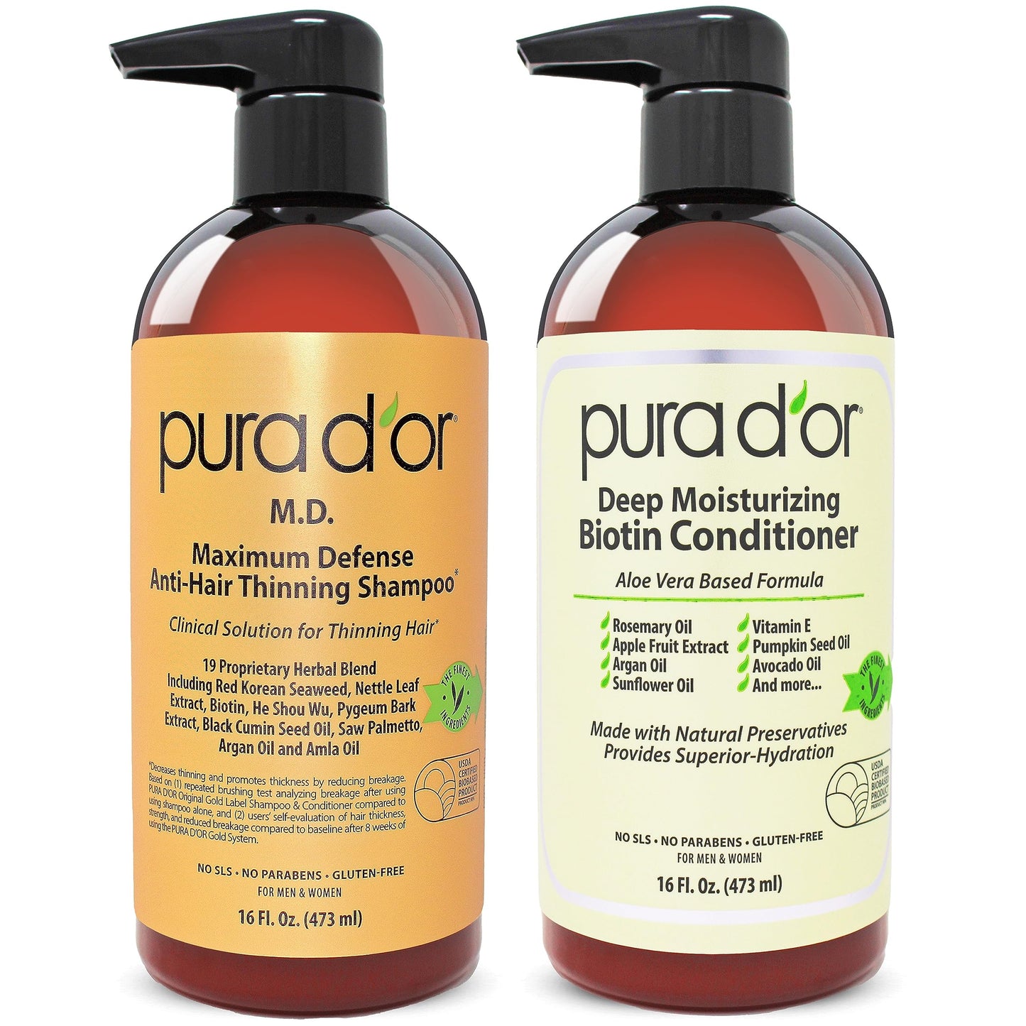 PURA D'OR MD Anti-Thinning Biotin Shampoo & Conditioner Set 16oz x2 – Coal Tar Herbal Blend for Thicker Hair & Scalp Health, Men & Women Beauty & Personal Care PURA D'OR