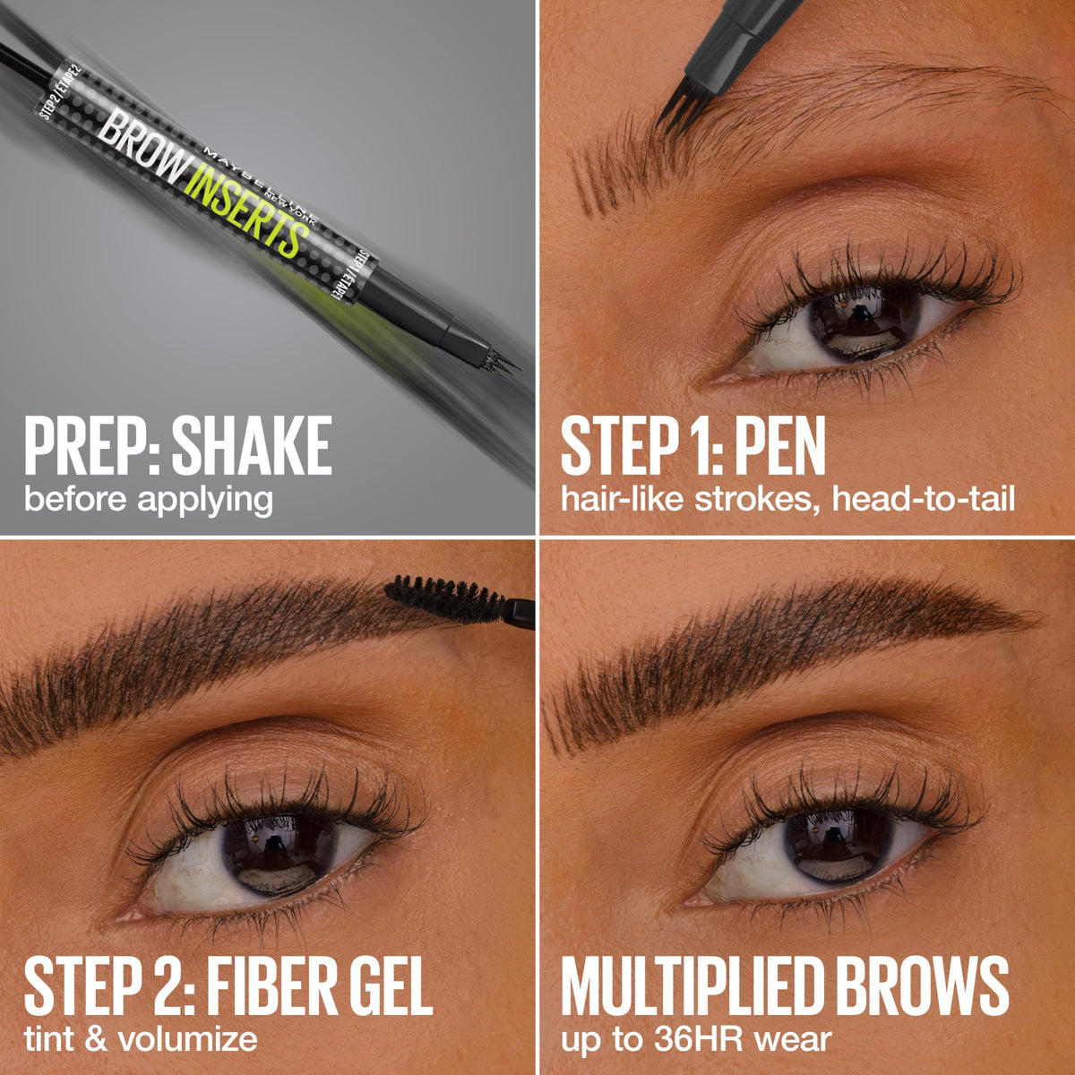 Maybelline Brow Inserts Eyebrow Pen, Micro Needle Shaped 2-In-1 Dual-Ended Brow Makeup Pen and Gel, Water-Resistant, Smudge Proof for Up to 36-HR