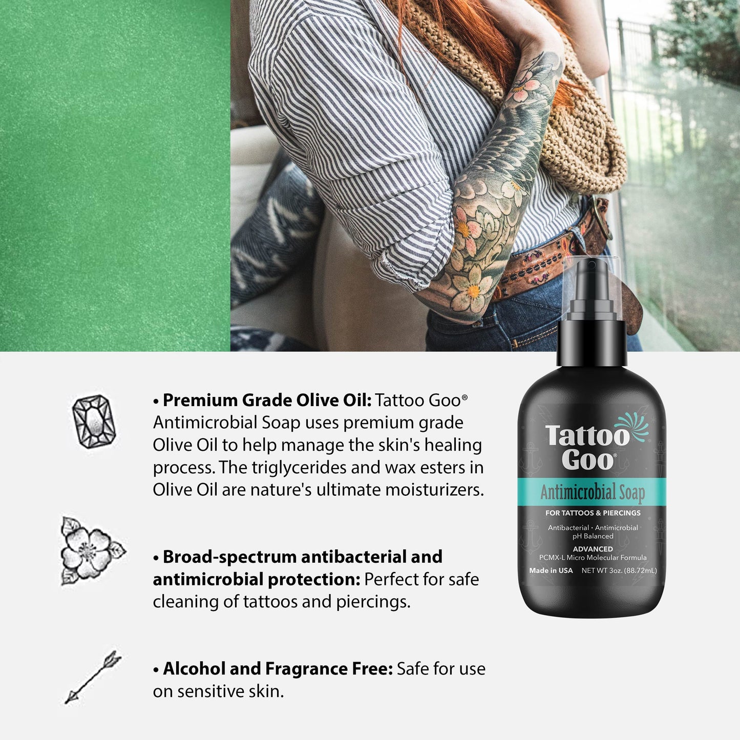 Tattoo Goo Cleansing Soap, 3 oz, For Piercing & Tattoo Aftercare, Hydrates and Cleans Dirt, pH Balanced Soap, Leaves No Residue, No Fragrance Beauty and Personal Care Tattoo Goo