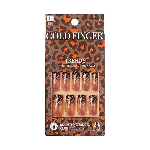Gold Finger Gel Glam Press on Nail Dark Brown Glitter French Full Cover Luxurious Design, Square shape, Medium Length, MIni Glue Included GF64 Beauty & Personal Care KISS